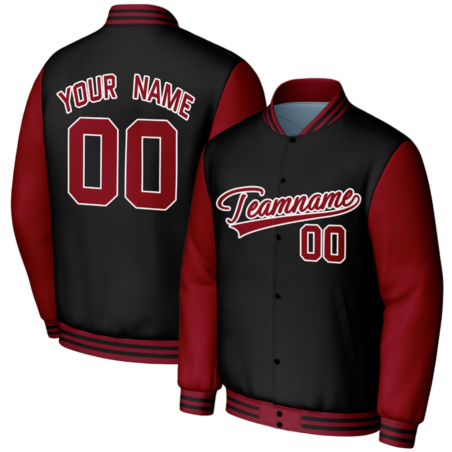 custom black red high school team jackets by Vosoli, personalized stitched name, number & logo, classic button up varsity letterman jacket for high school baseball team and casual wear