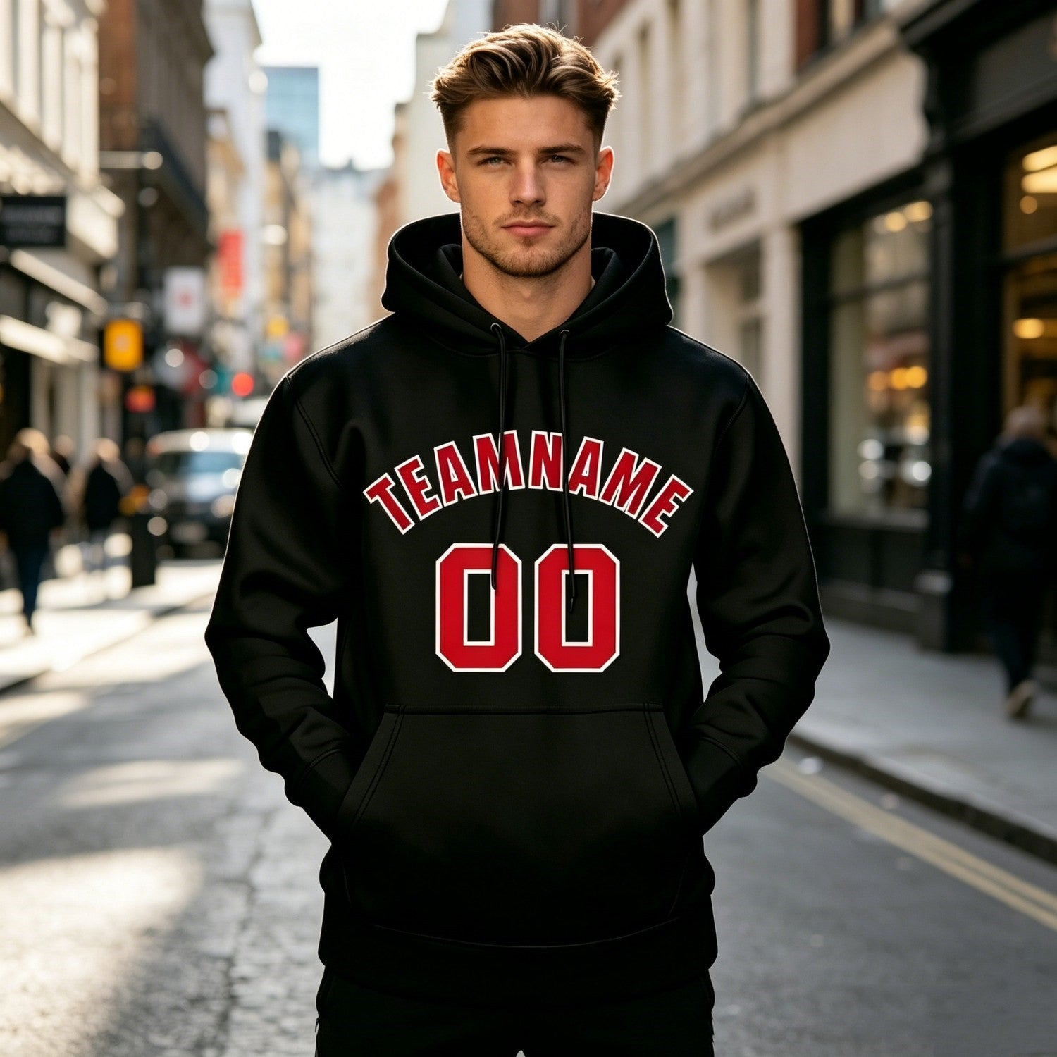 Custom Black & Red Hoodie | Personalized Name & Number Sports Pullover | Vosoli