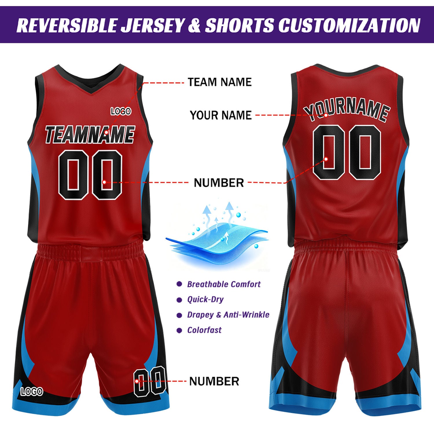 Custom Black Red Reversible Basketball Jersey Set | Personalized Name Number Mesh Sports Uniform