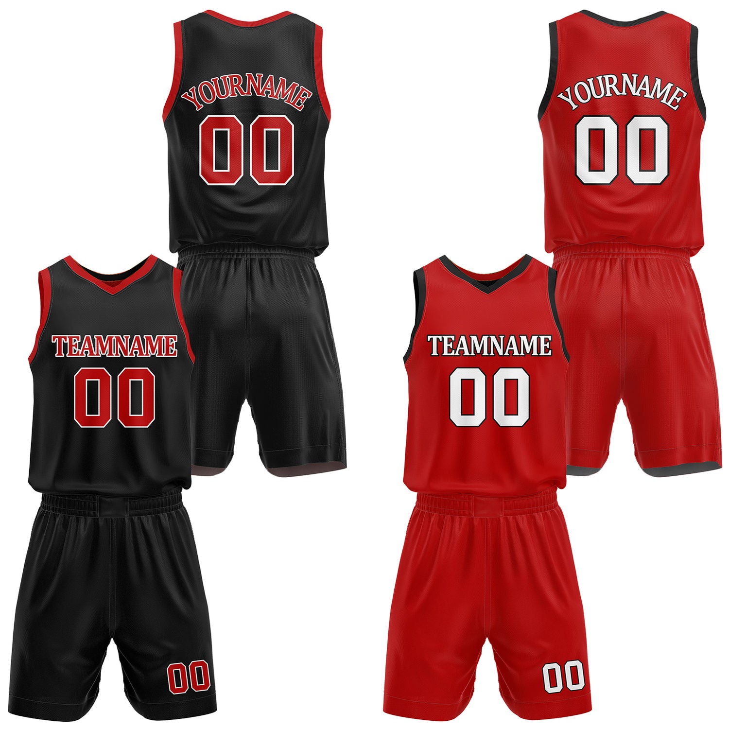 Custom black & red reversible basketball jersey shorts set by Vosoli | Personalized team name number casual uniform sportswear
