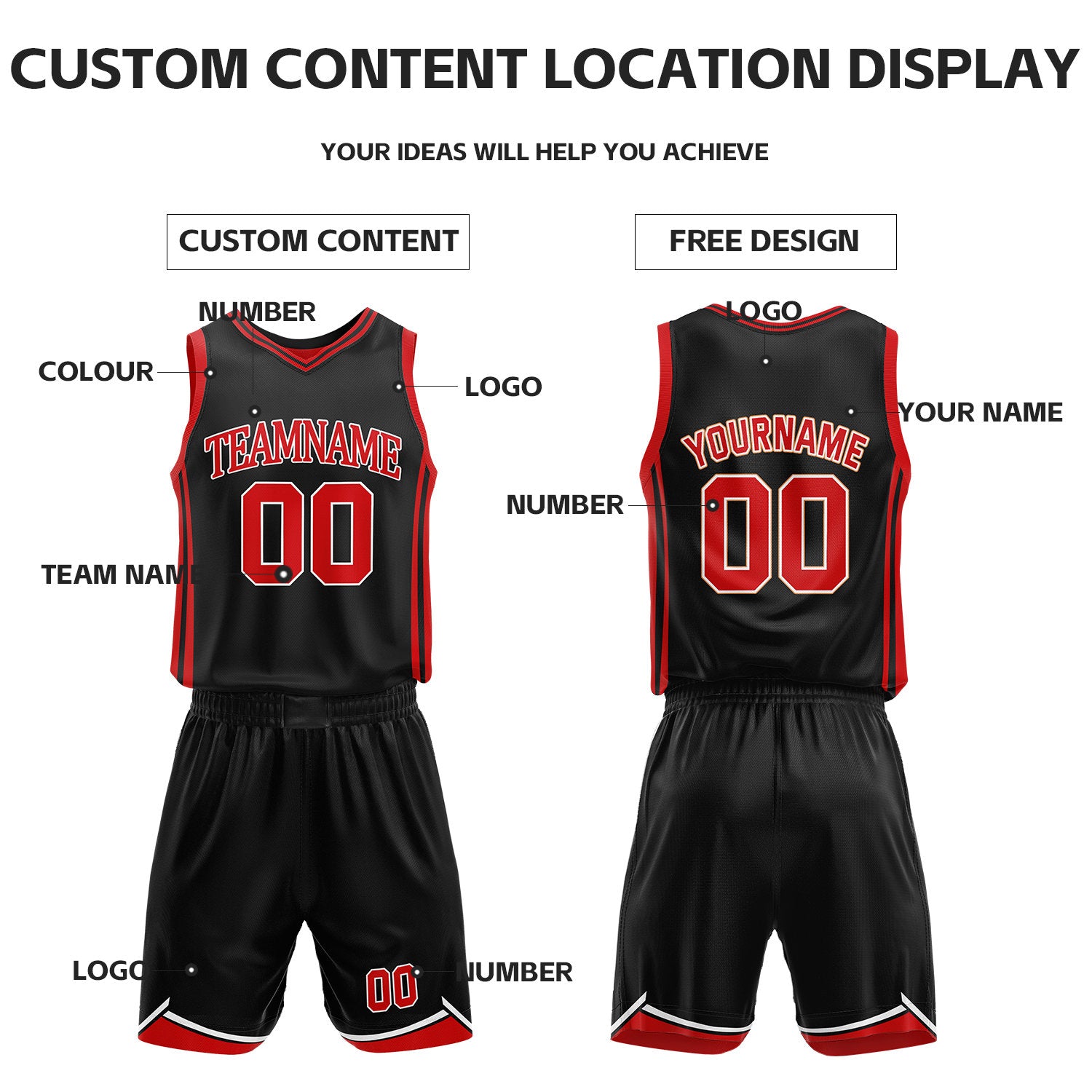Custom Black & Red Reversible Basketball Jersey Shorts Set | Personalized Full Vintage Team Uniform