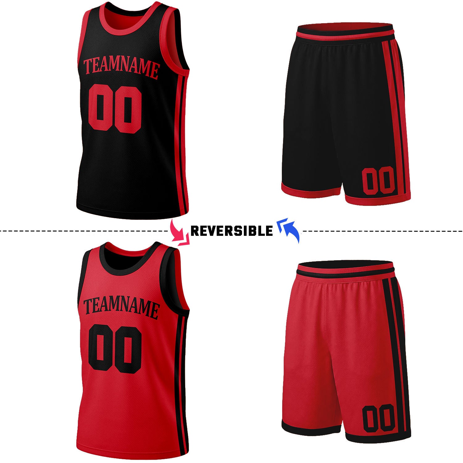 Custom Black & Red Reversible Basketball Jersey Shorts Set | Personalized Full Team Uniform