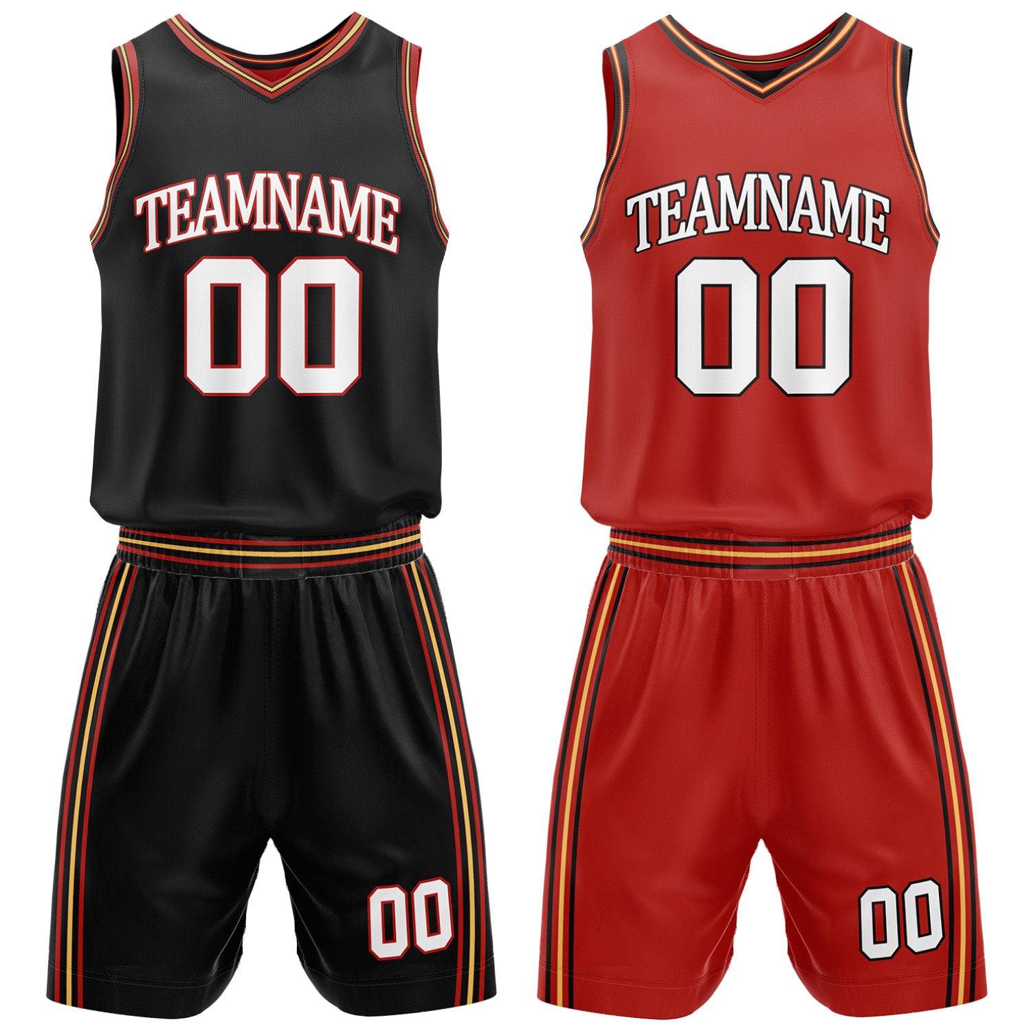 Custom black and red reversible basketball uniform by Vosoli. Personalized with team name, number, and logo. Breathable mesh jersey and shorts for high school, college, AAU teams.
