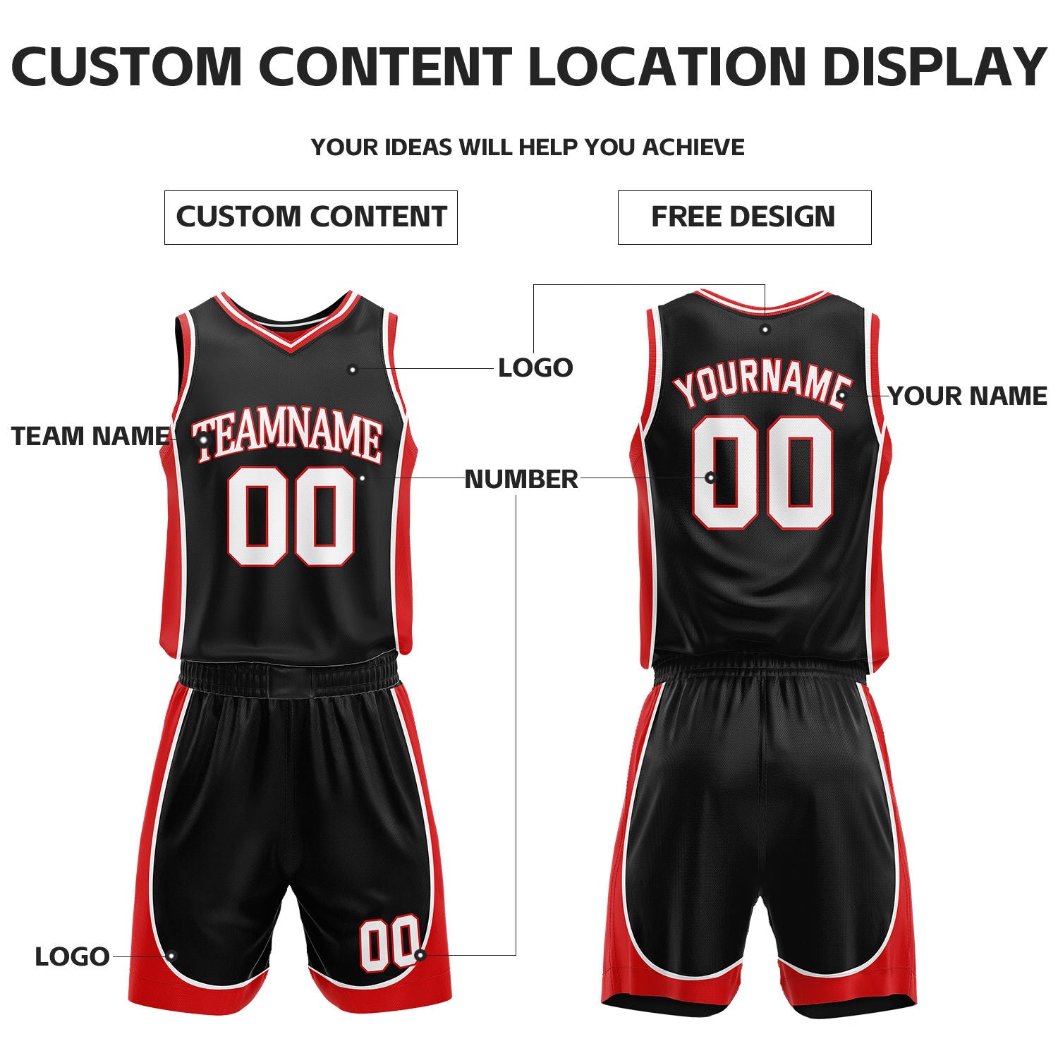 Custom Black & Red Reversible Basketball Uniform Set | Personalized Name Number Sports Jersey Shorts Kit