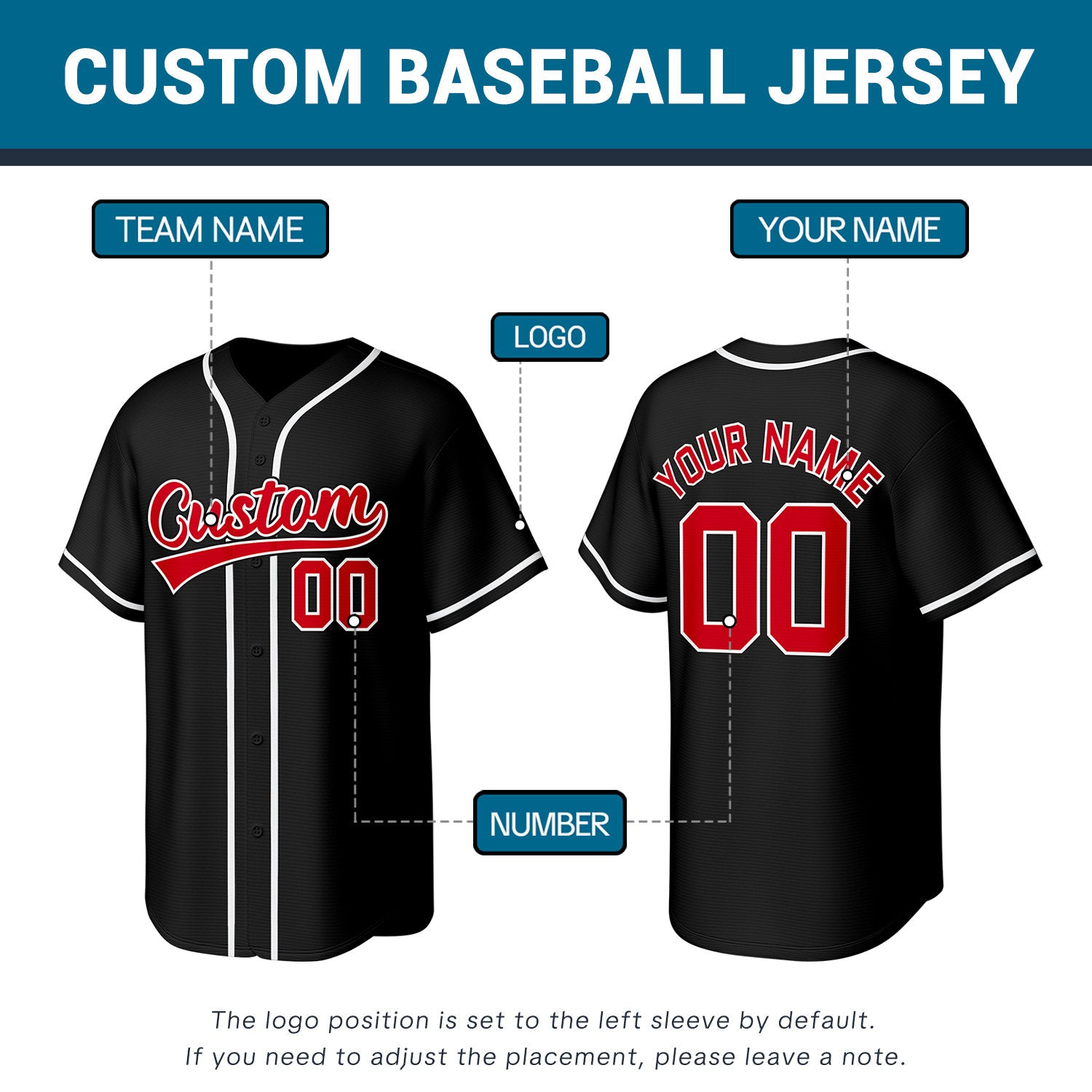 Custom Stitched Baseball Jersey Black Red White | Personalized Name & Number | Team Uniform