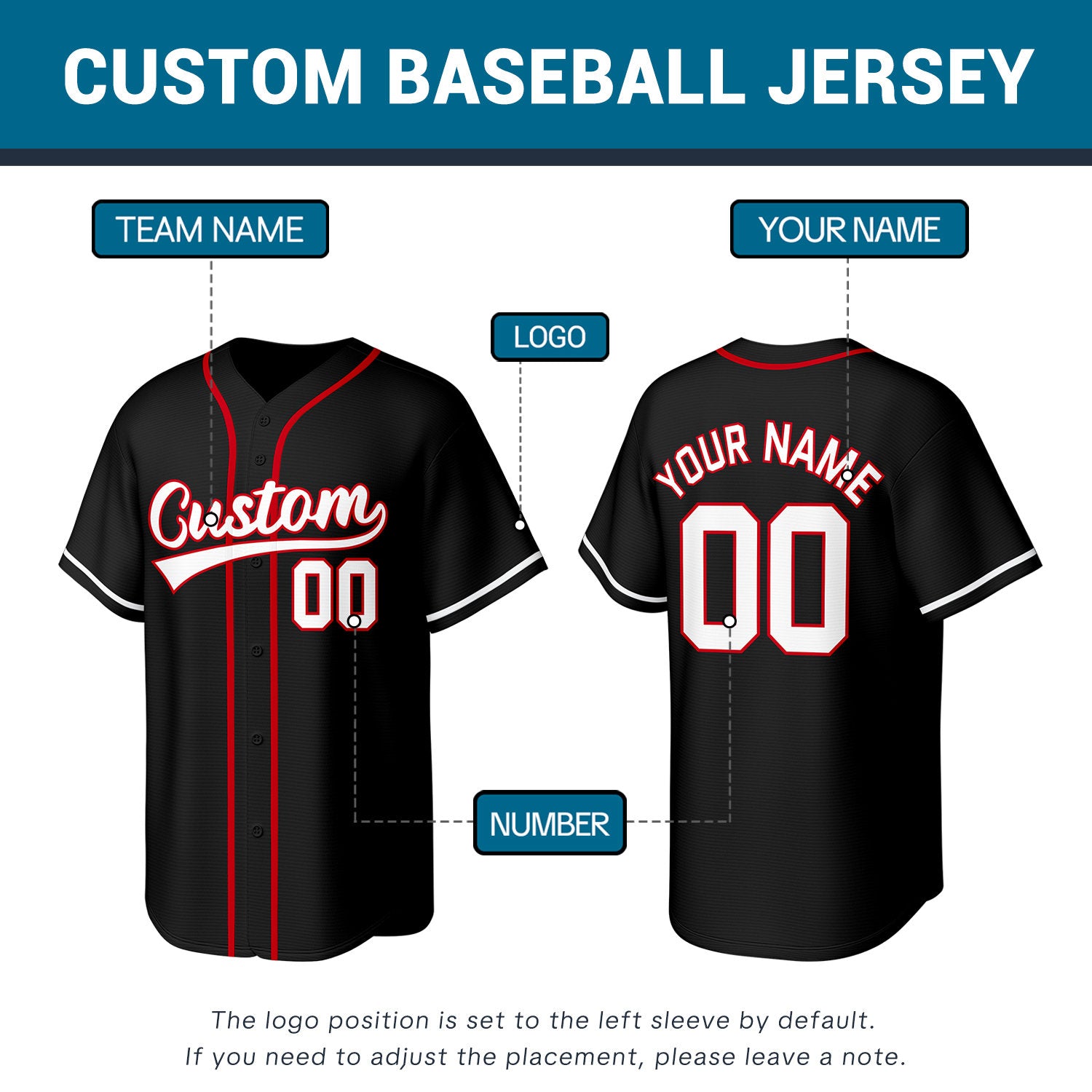Custom Stitched Baseball Jersey Black Red White | Personalized Name & Number | Team Uniform