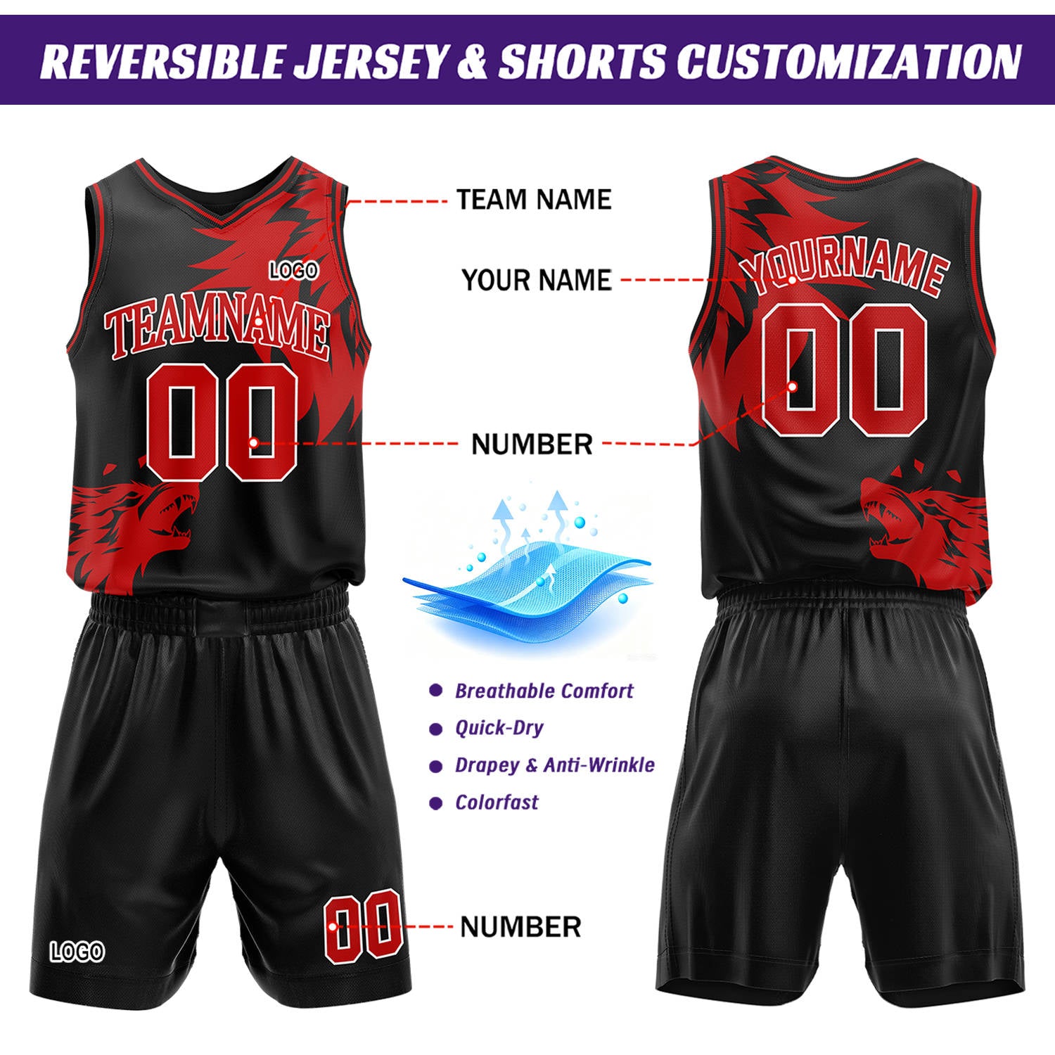 Custom Black & Red Wolf Theme Basketball Jersey & Shorts Set | Personalized Team Uniform