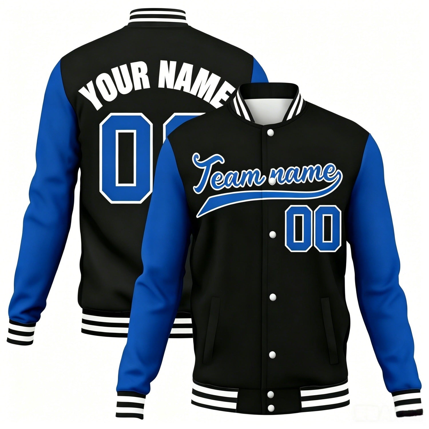 Custom black-royal blue contrast sleeve stitched varsity baseball jacket by Vosoli | Personalized team name & number jacket for youth & adults