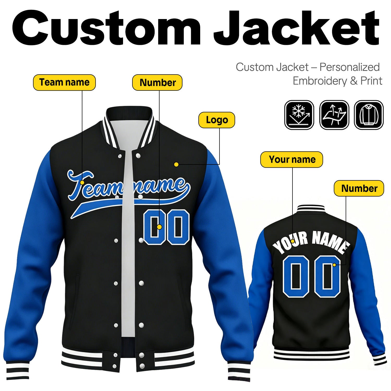 Custom Black & Royal Blue Contrast Sleeve Varsity Baseball Jacket | Personalized Team Name & Number