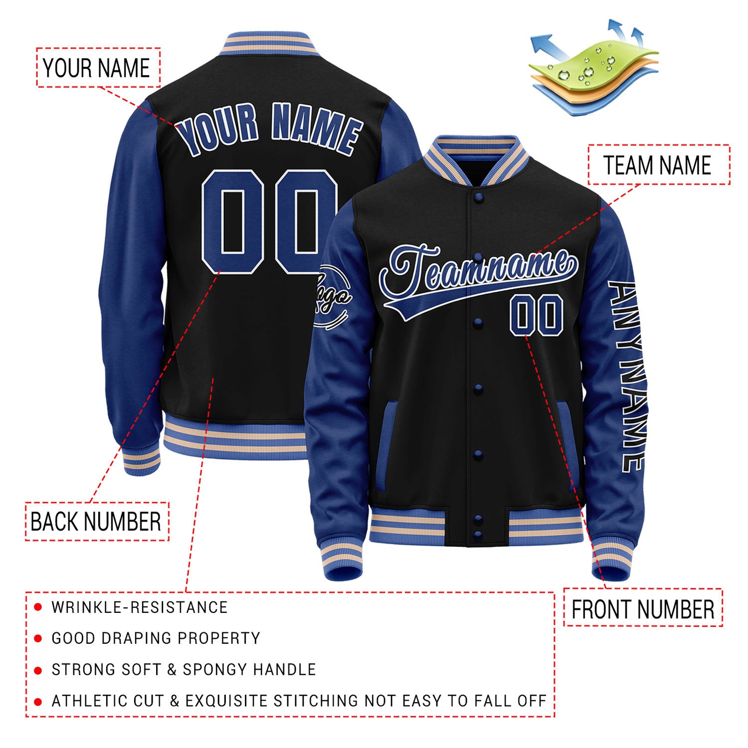 Custom Black & Royal Blue Two Tone Varsity Letterman Jacket | Personalized Stitched Team Name Number Outerwear
