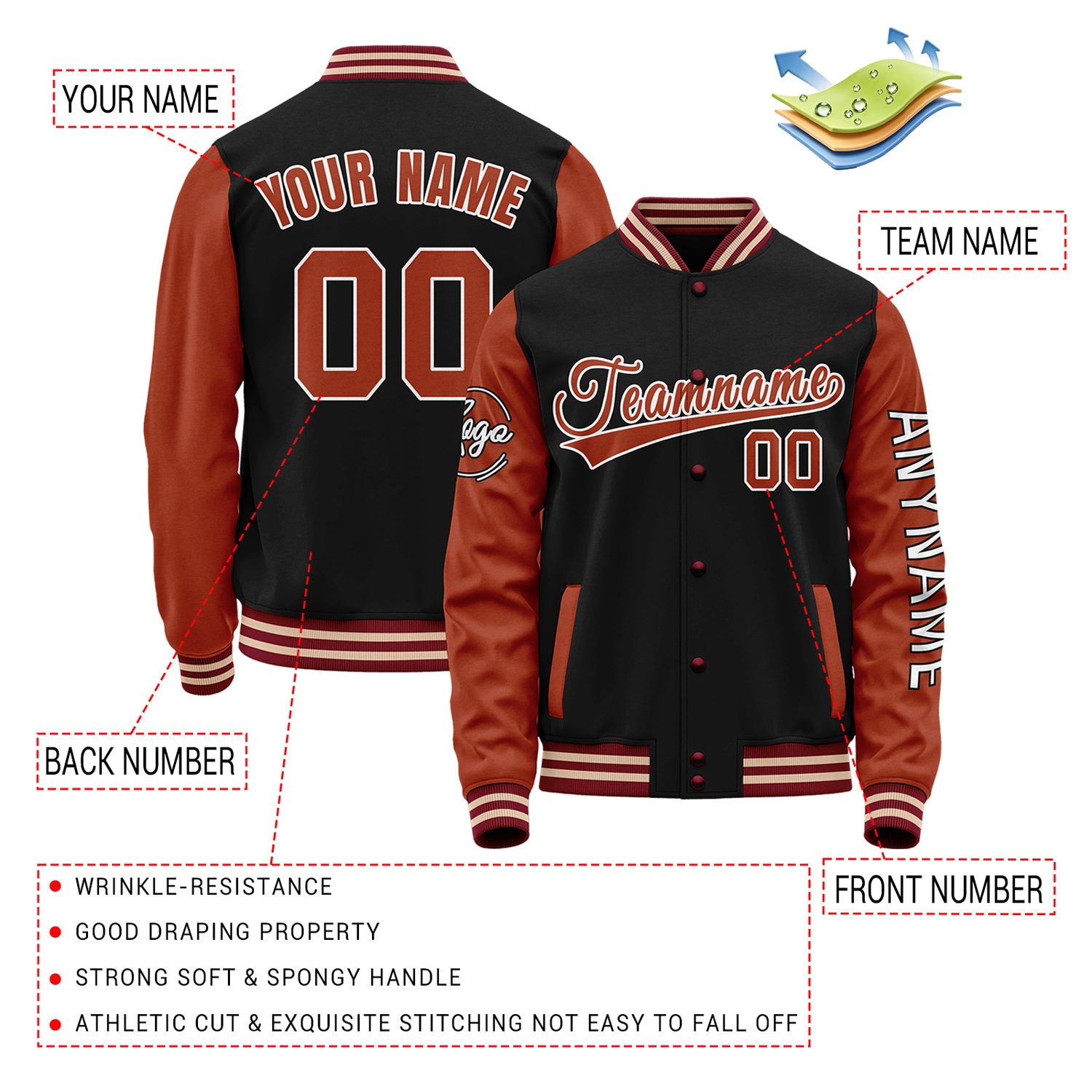 Custom Black & Rust Red Two Tone Varsity Letterman Jacket | Personalized Stitched Team Name Number Outerwear