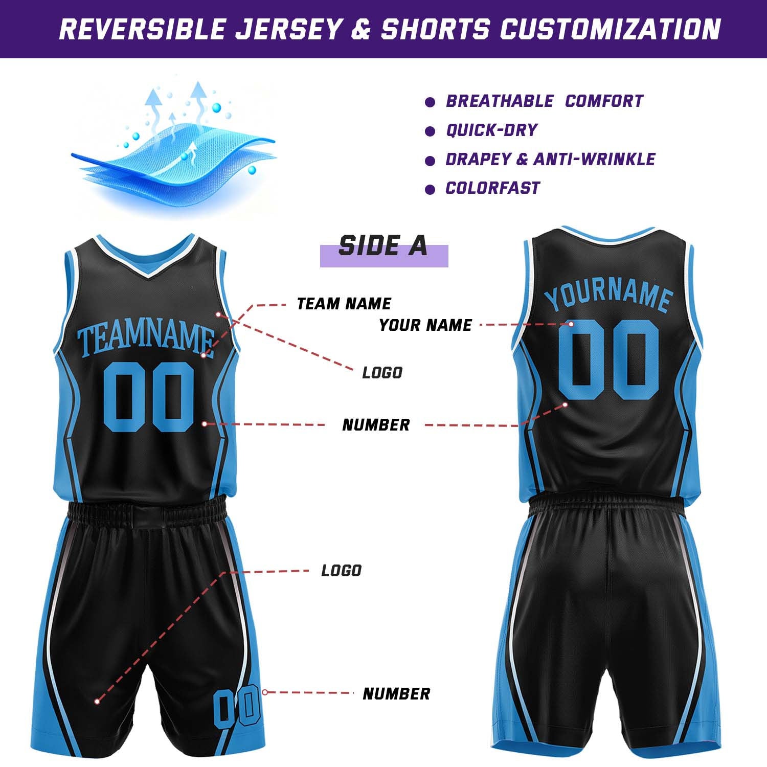 Custom Black & Sky Blue Reversible Geometric Basketball Jersey Shorts Set | Personalized Team Uniform