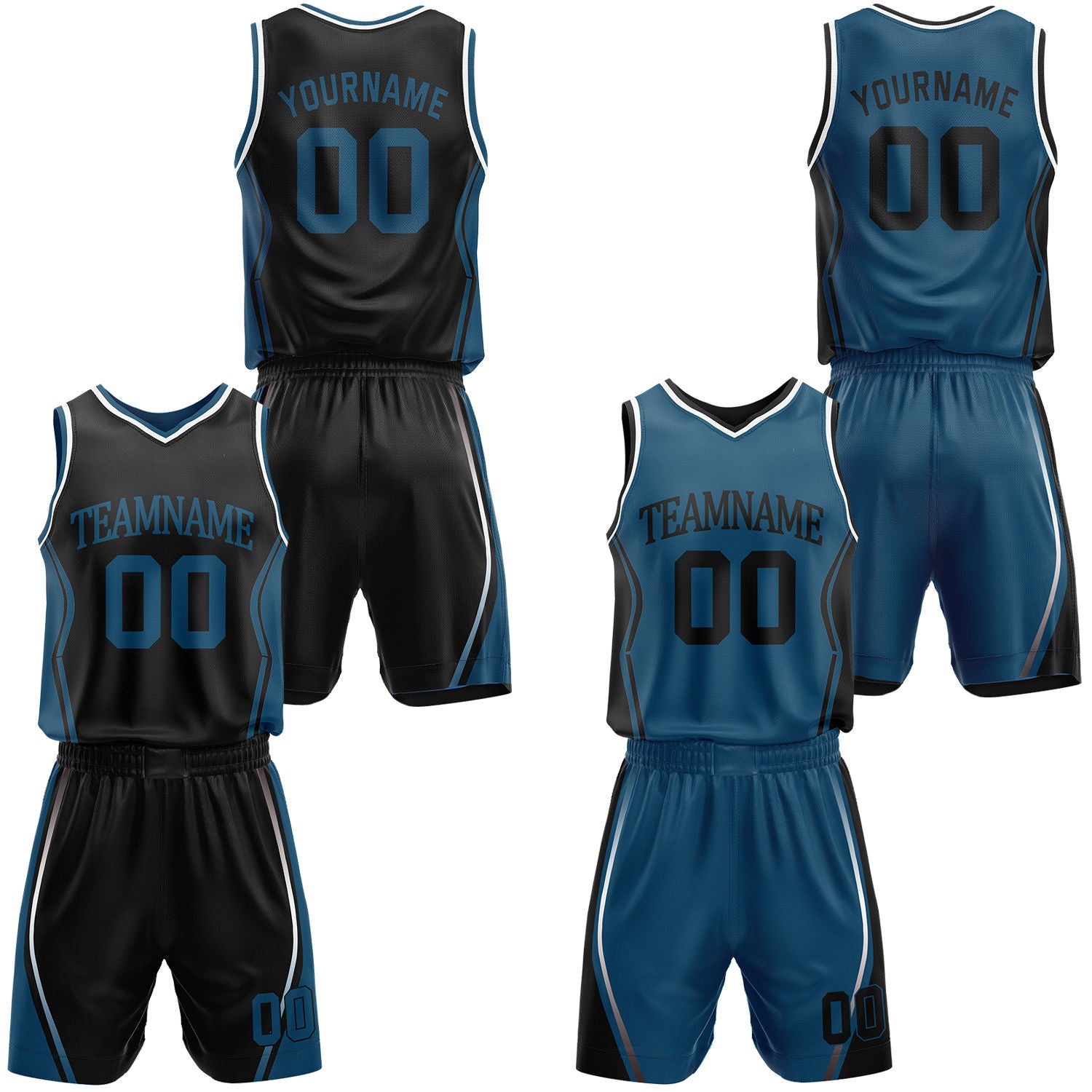 Custom black & teal reversible basketball jersey shorts set by Vosoli | Personalized block team name number geometric uniform sportswear