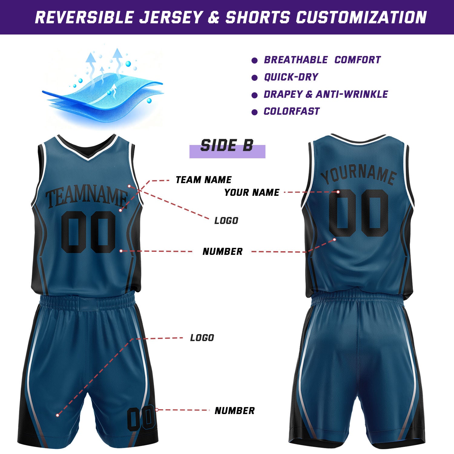 Custom Black & Teal Reversible Geometric Basketball Jersey Shorts Set | Personalized Team Uniform