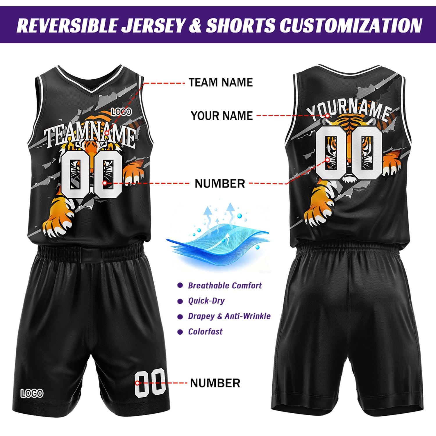 Custom Black Tiger Breakthrough Basketball Jersey & Shorts Set | Personalized Team Uniform