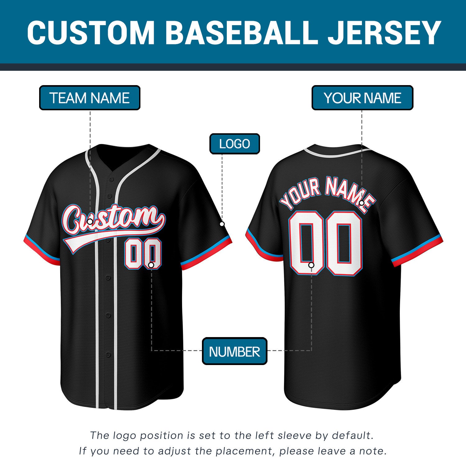 Custom Stitched Baseball Jersey Black White Red | Personalized Name & Number | Team Uniform