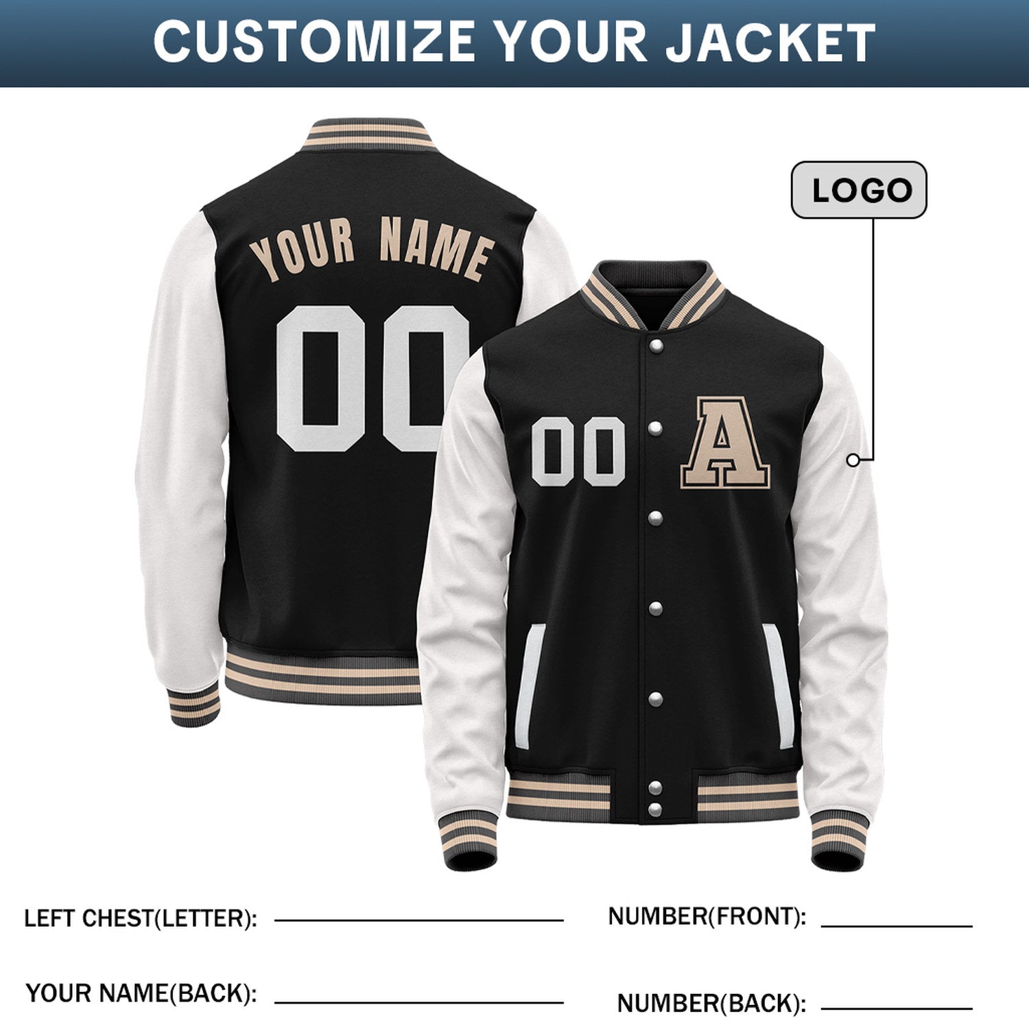 Custom Varsity Jacket with Embroidered Name & Number | Black & White Personalized Team Letterman Bomber