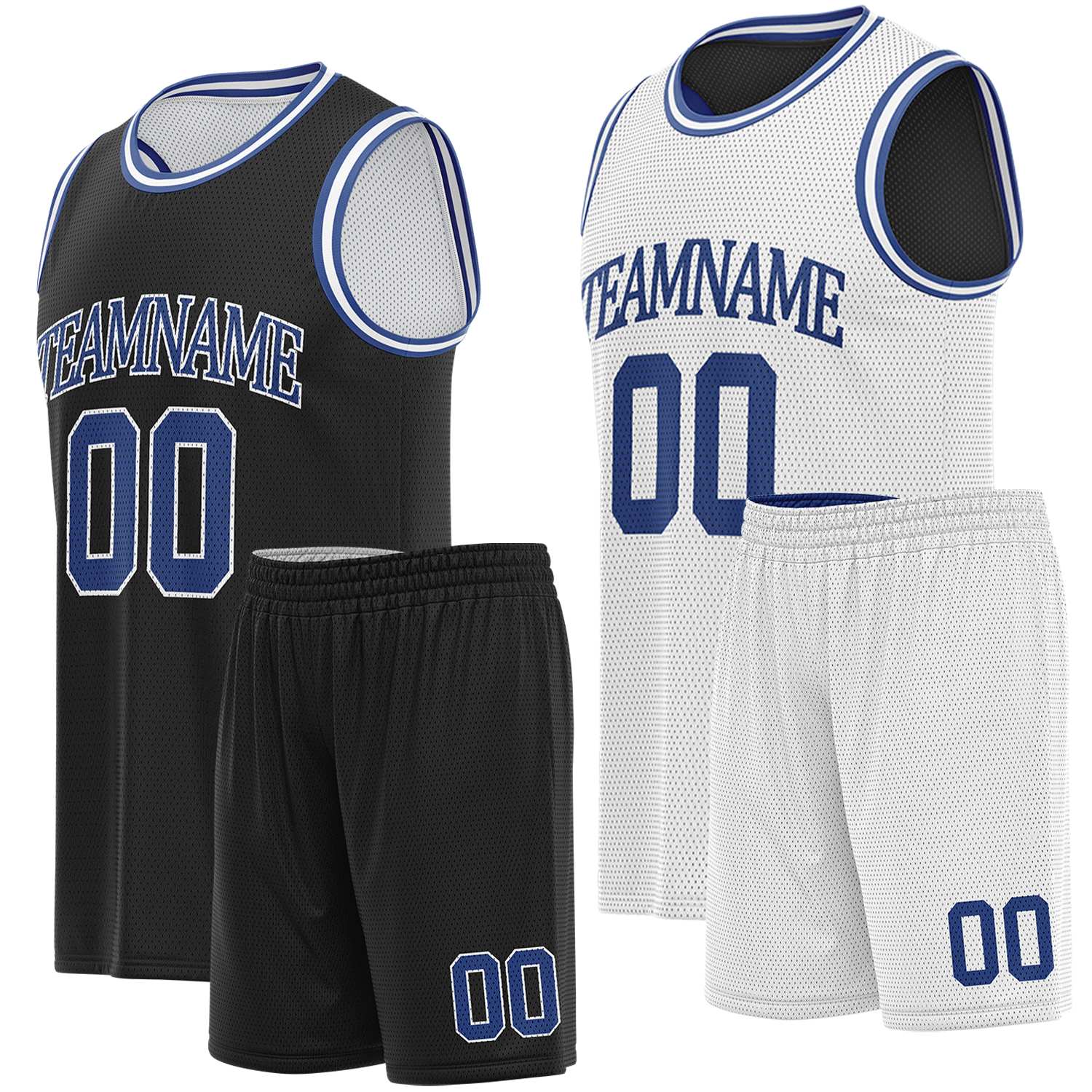 Custom black, white & blue basketball jersey set, personalized name number team logo, sleeveless jersey with matching shorts sports uniform for men women youth adult game practice - Vosoli