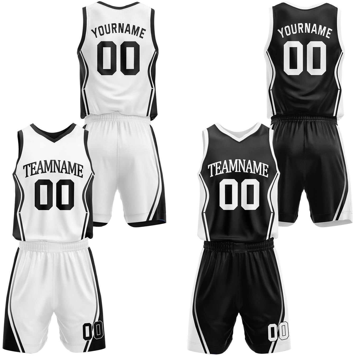 Custom black & white reversible basketball jersey shorts set by Vosoli | Personalized block team name number geometric uniform sportswear