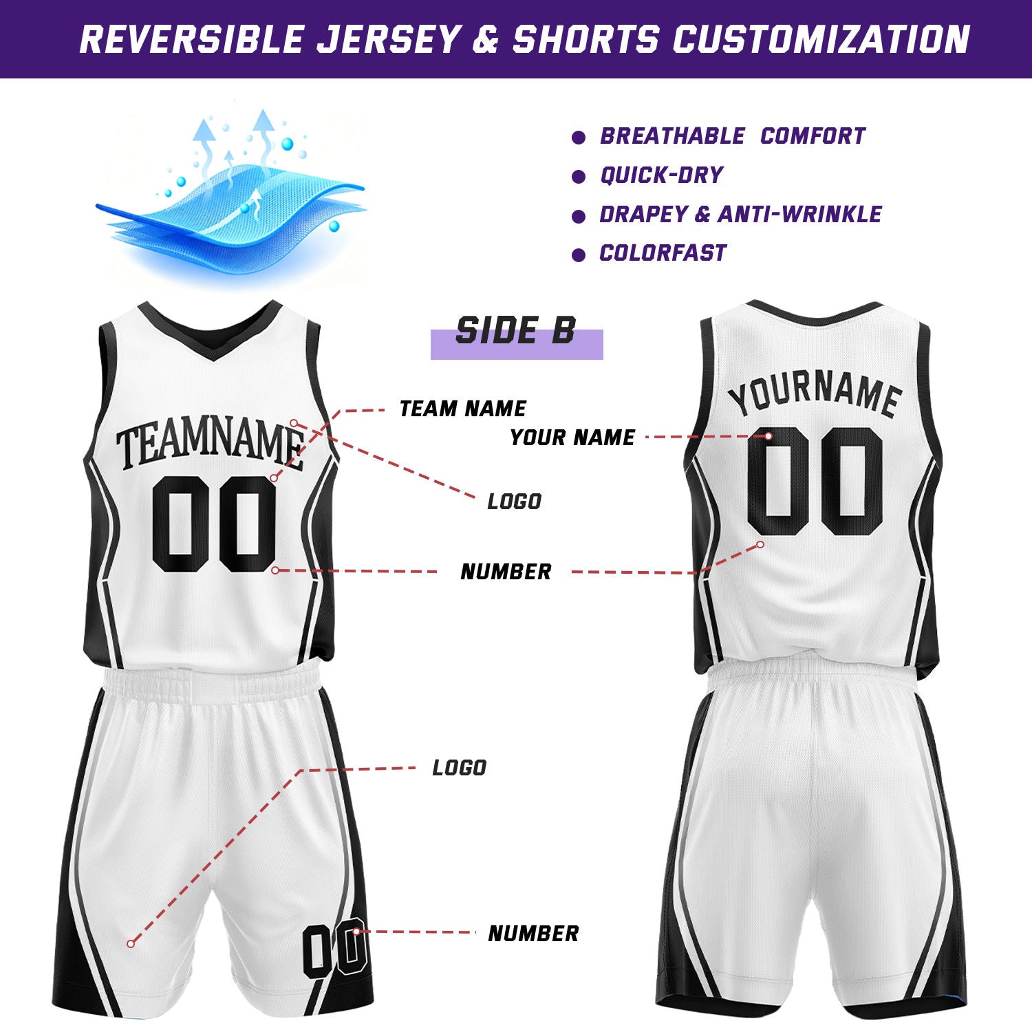 Custom Black & White Reversible Geometric Basketball Jersey Shorts Set | Personalized Team Uniform