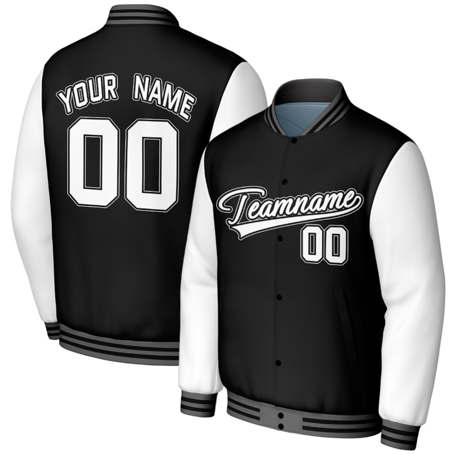 custom black white high school baseball jacket by Vosoli, personalized stitched name, number & logo, classic button up varsity letterman jacket for high school baseball team and casual wear