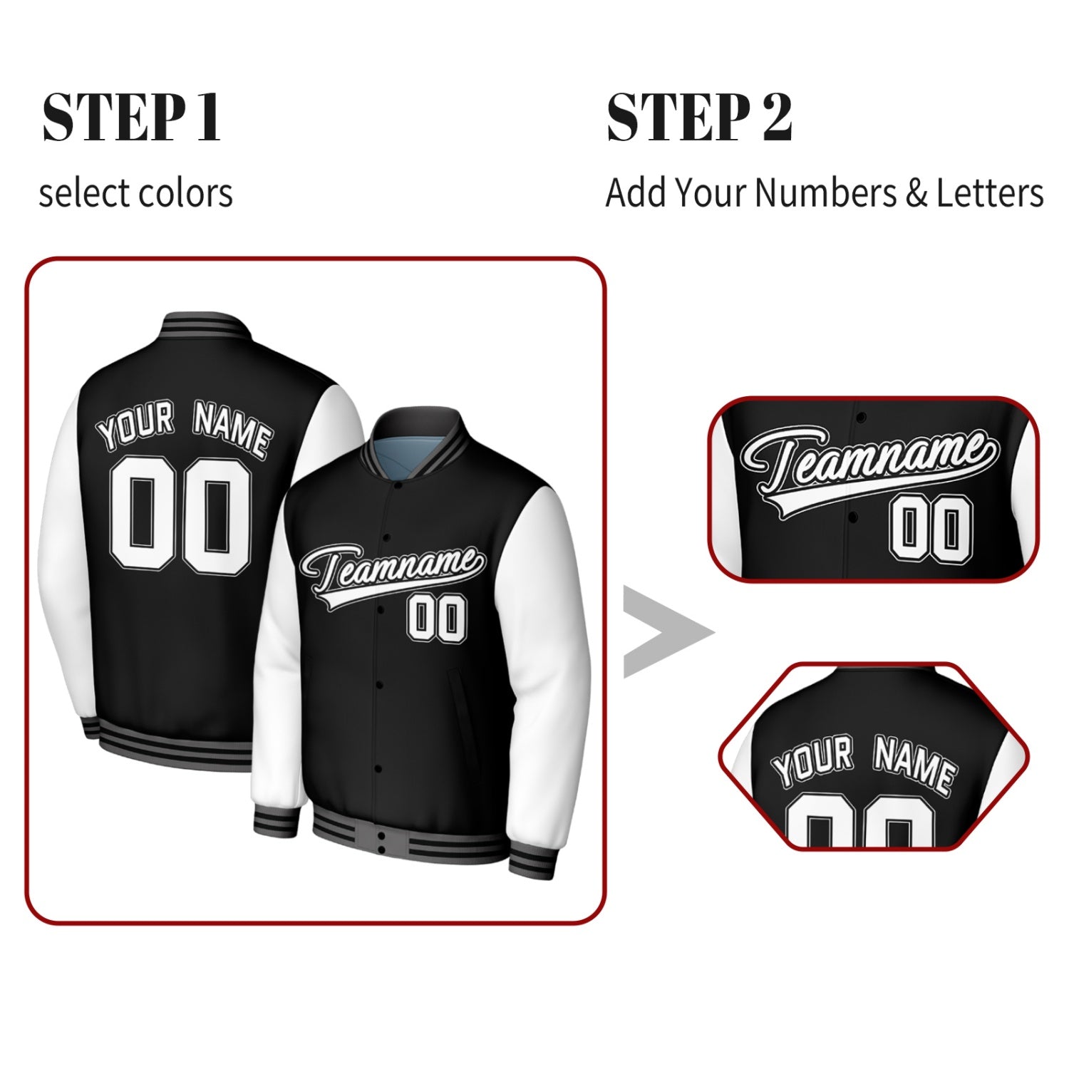 Custom Black & White Baseball Jacket | Personalized Letterman Jacket with Stitched Name & Number for Adult & Youth