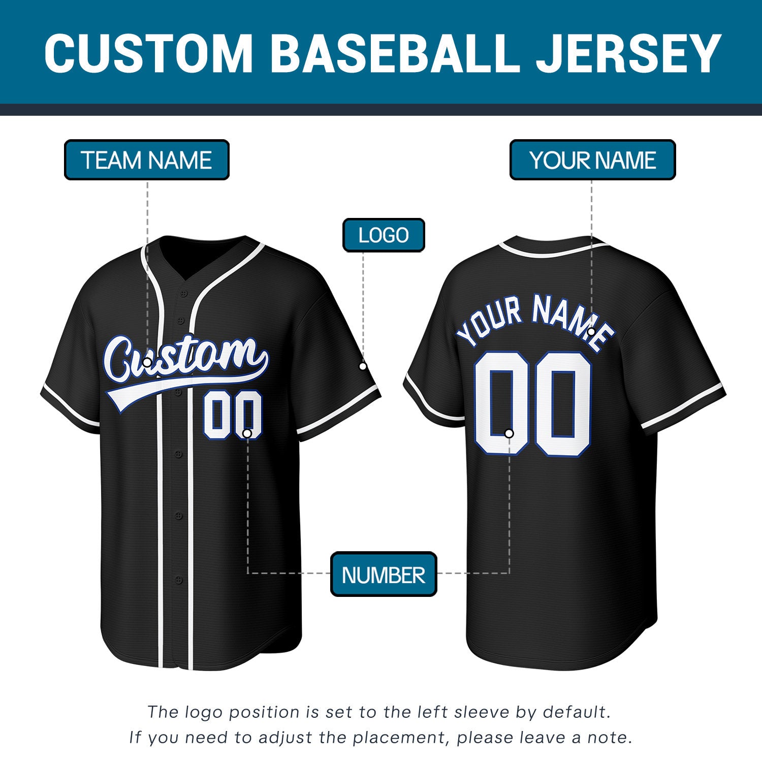 Custom Stitched Baseball Jersey Black White Light Blue | Personalized Name & Number | Team Uniform