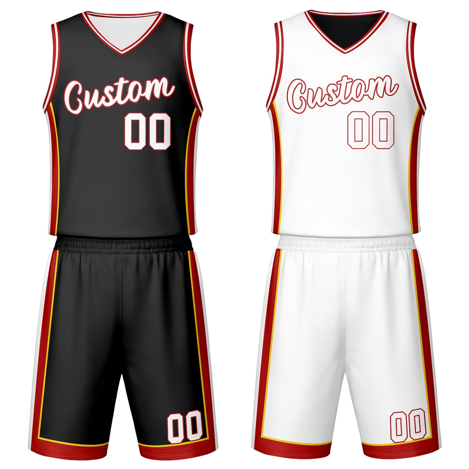 Custom black & white reversible basketball jersey set with shorts by Vosoli | Personalized team name, number & logo | Breathable mesh sport jersey uniform