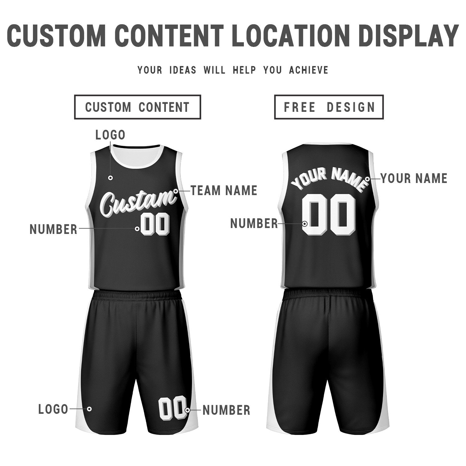 Custom Black White Reversible Basketball Jersey Set | Personalized Name Number Mesh Sports Uniform