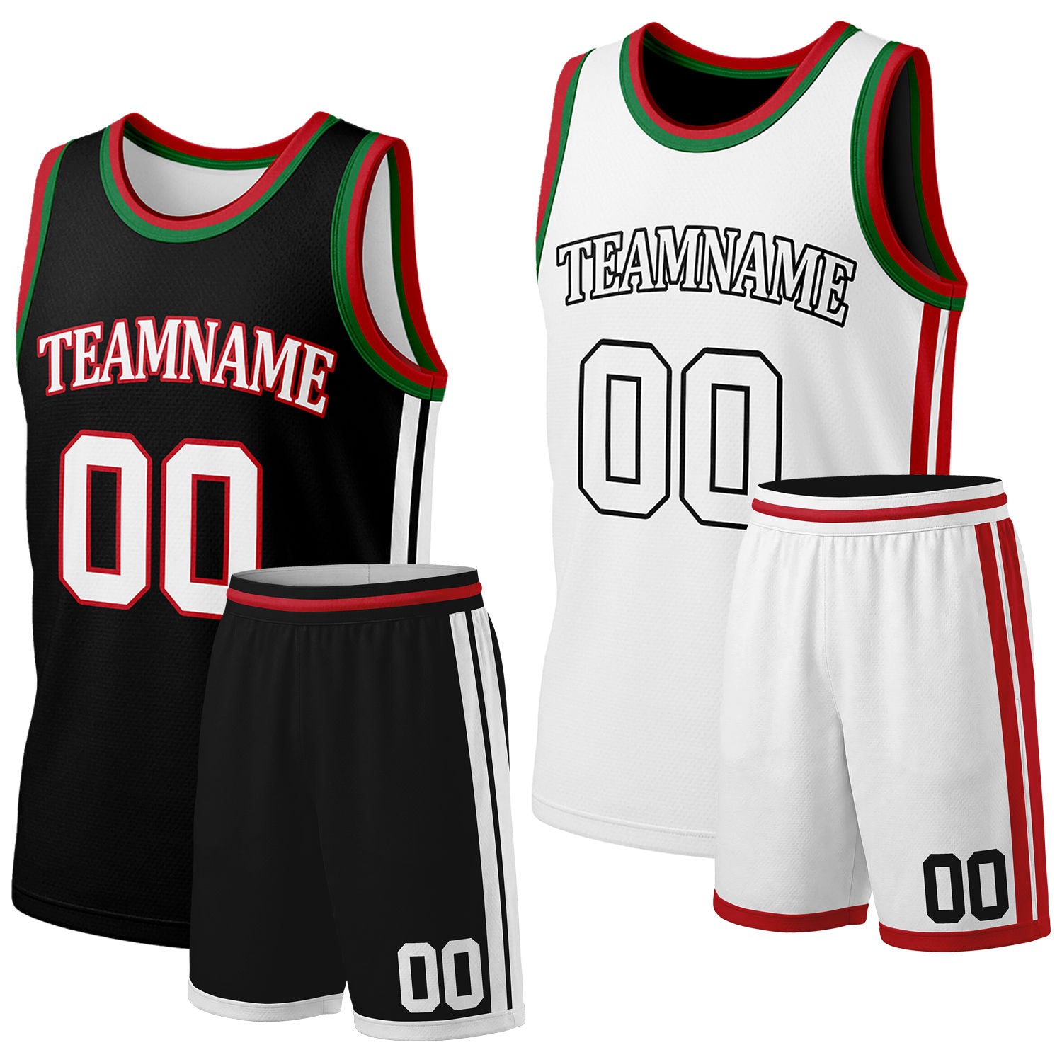 Custom black & white reversible basketball jersey shorts set with red green trim by Vosoli | Personalized team name & number full team uniform sportswear