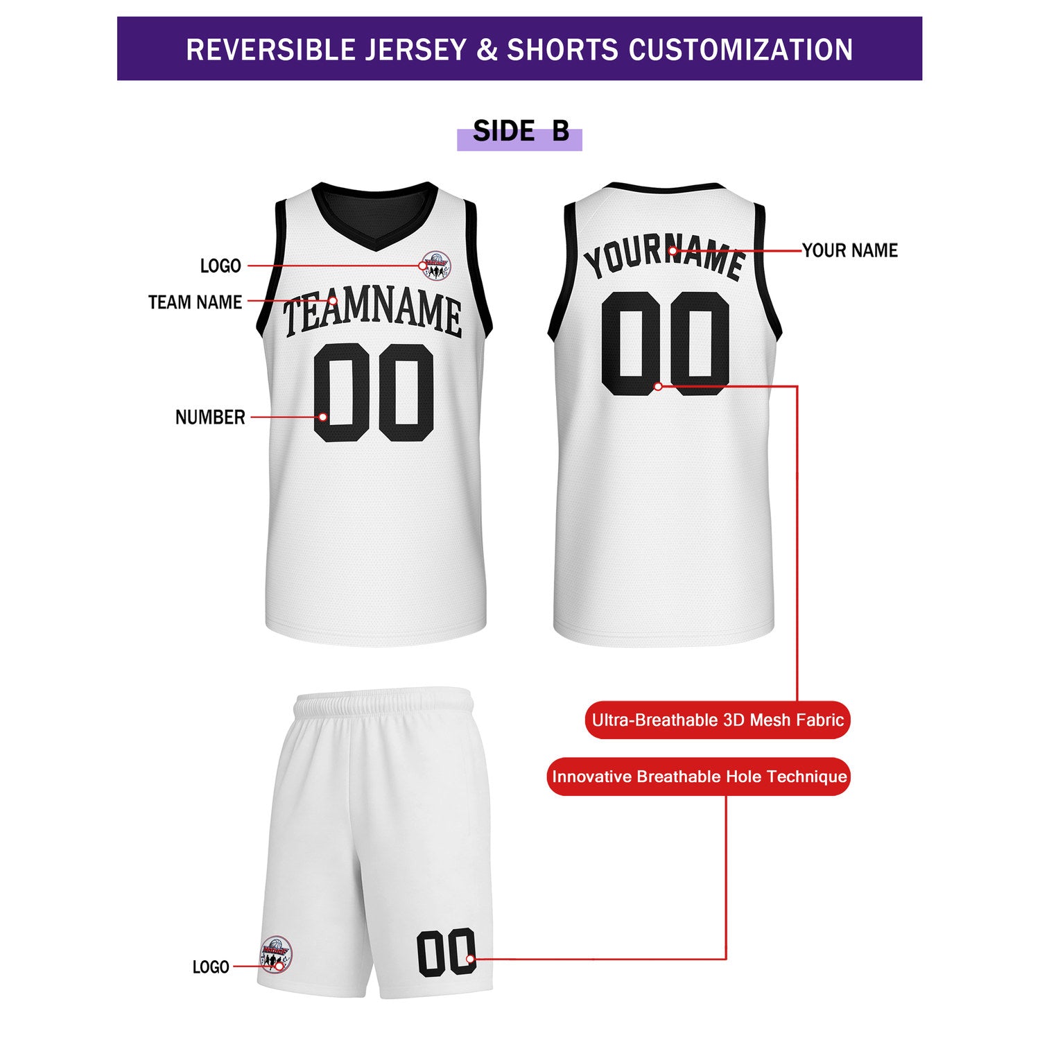 Custom Black & White Reversible Basketball Uniform Set | Personalized Team Name & Number - Vosoli