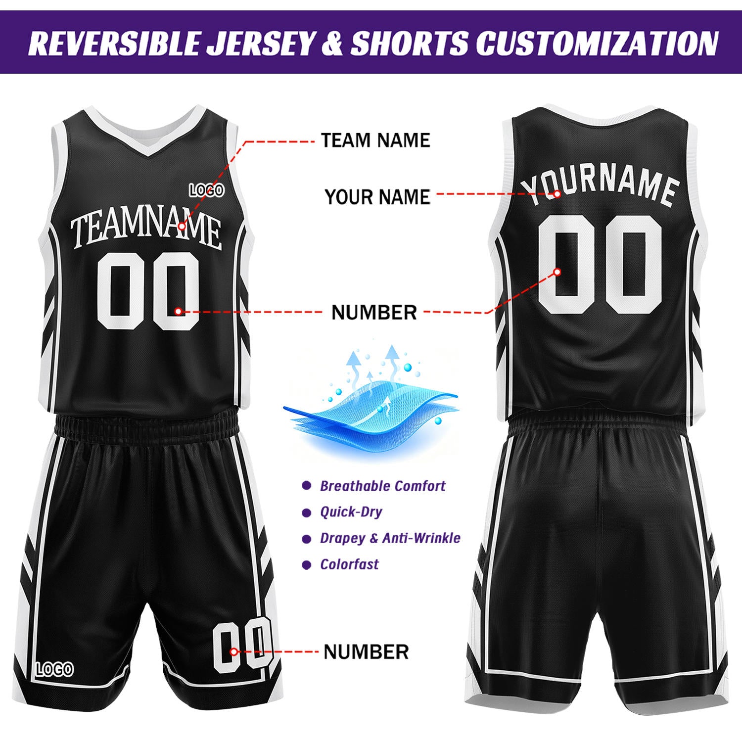 Custom Black & White Reversible Basketball Uniform Set | Personalized Name Number Mesh Jersey Shorts Kit