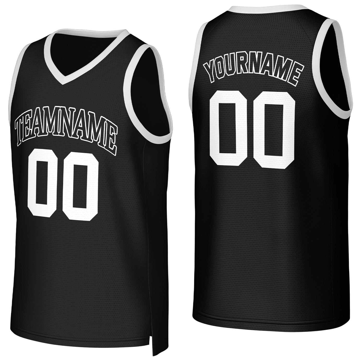 Custom black & white basketball jersey by Vosoli | Personalized stitched team name, number & logo | Breathable mesh sport jersey