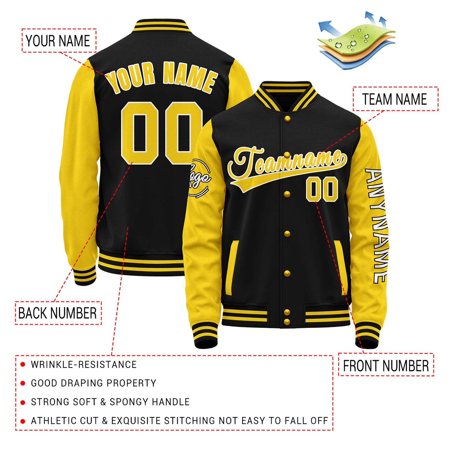 Custom Black & Yellow Two Tone Varsity Letterman Jacket | Personalized Stitched Team Name Number Outerwear