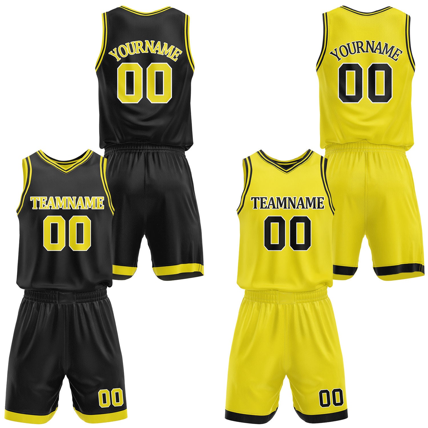 Custom black & yellow reversible basketball jersey shorts set by Vosoli | Personalized team name number casual uniform sportswear