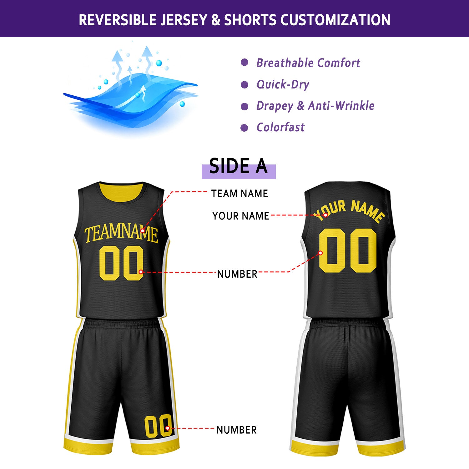 Custom Black & Yellow Reversible Basketball Jersey Shorts Set | Personalized Team Uniform