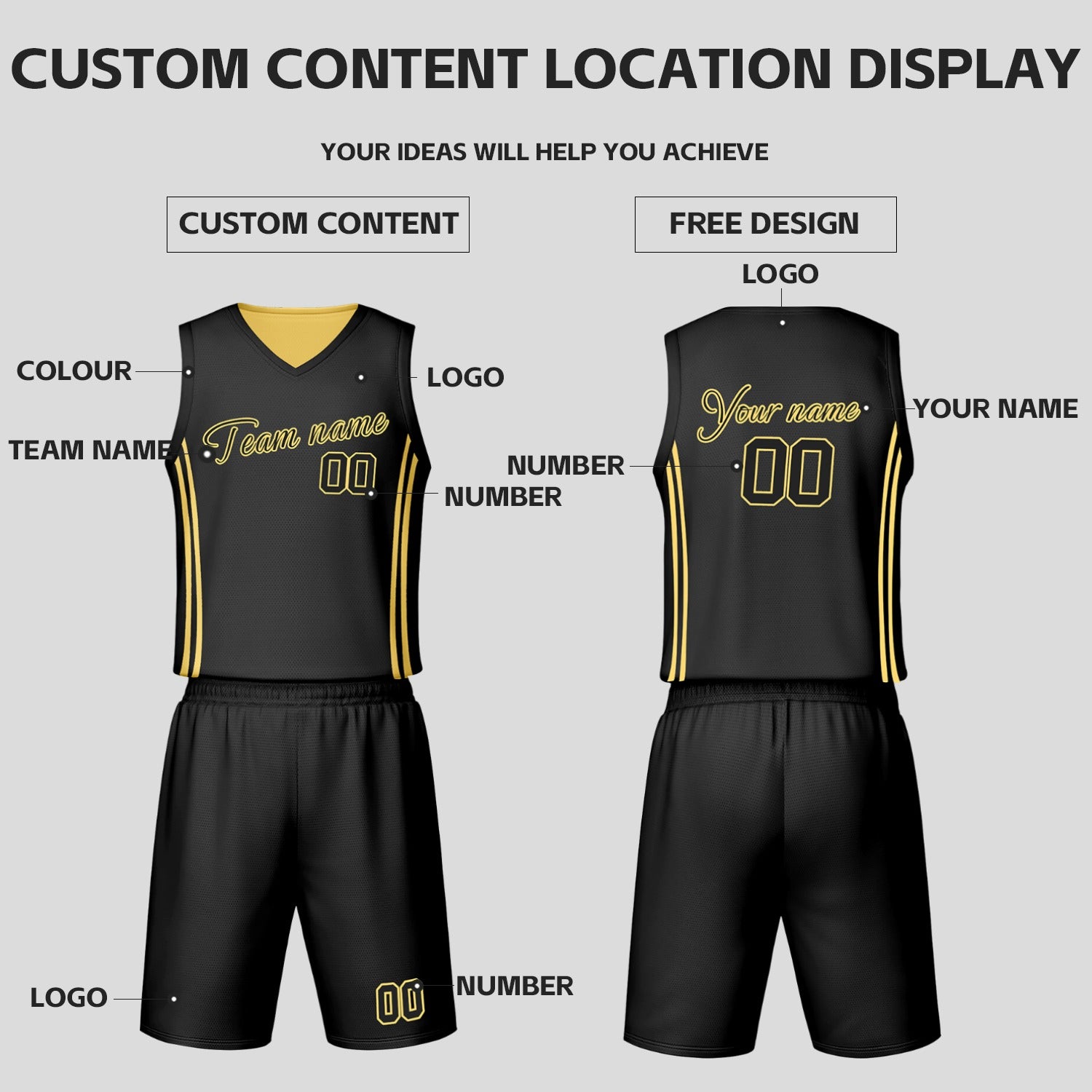 Custom Black & Yellow Reversible Basketball Jersey Shorts Set | Personalized Team Uniform