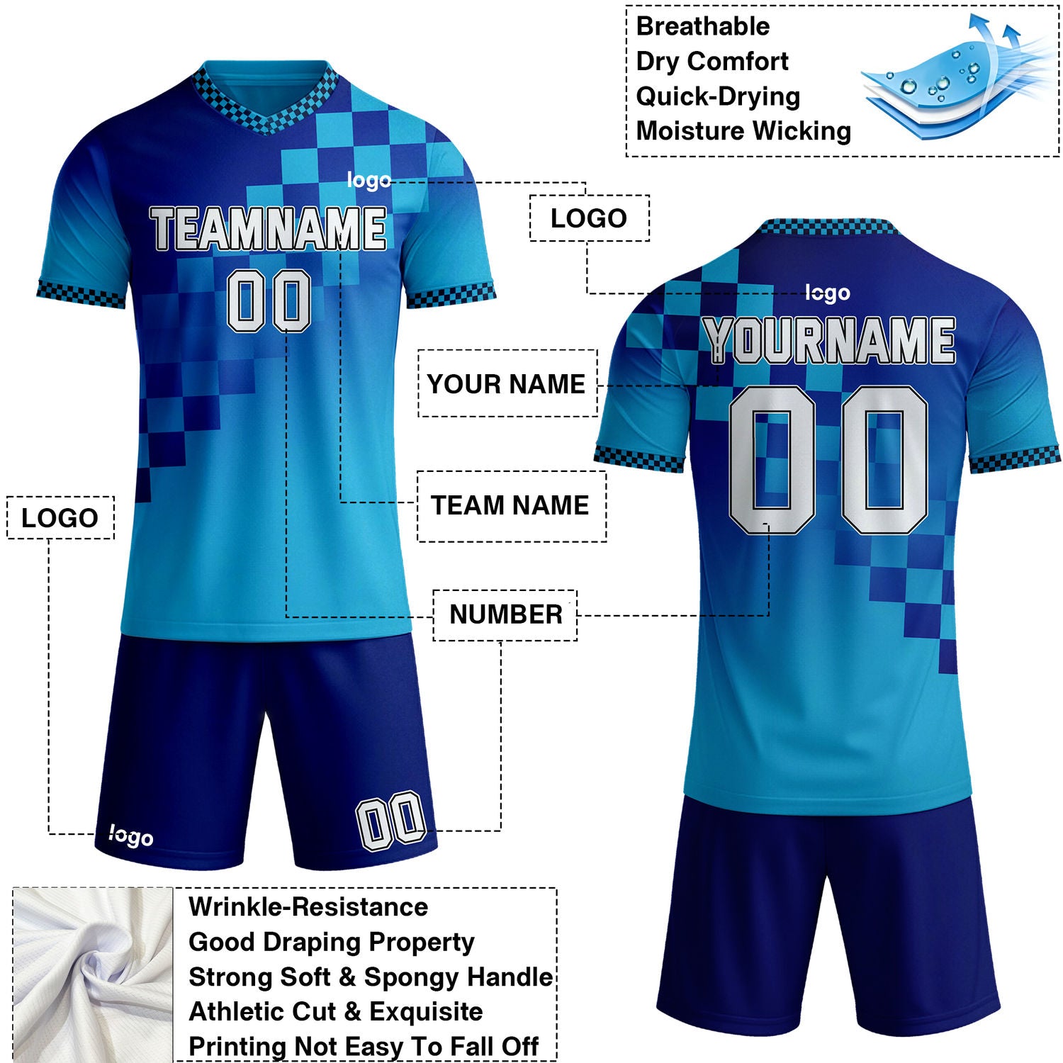 Custom Blue & Aqua Checkerboard Gradient Soccer Jersey Set | Personalized Team Uniform | Vosoli