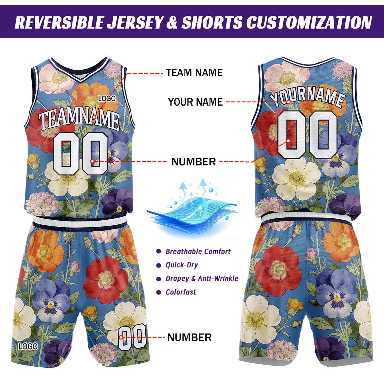 Custom Blue Multi-Flower Basketball Jersey & Shorts Set | Personalized Team Uniform