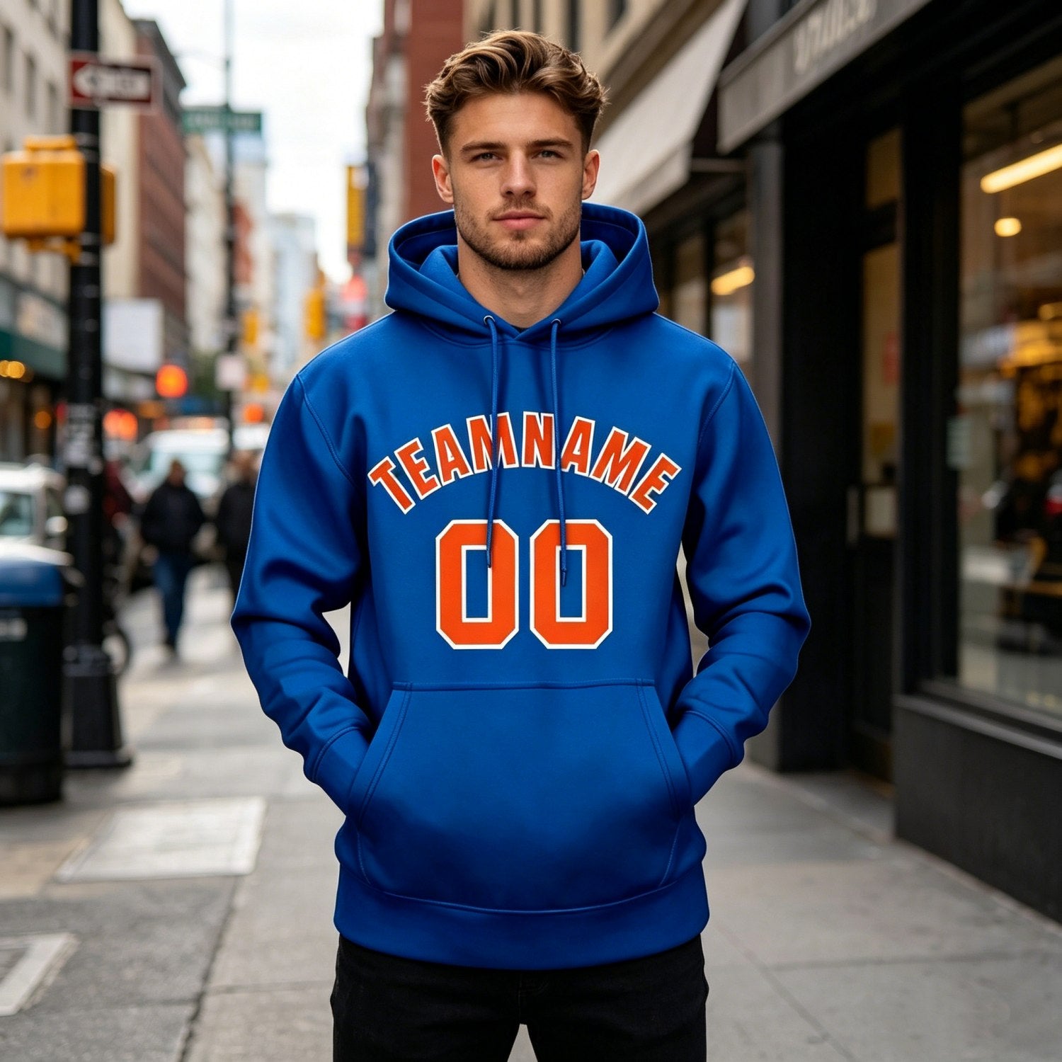 Custom Blue & Orange Hoodie | Personalized Name & Number Sports Pullover | Vosoli