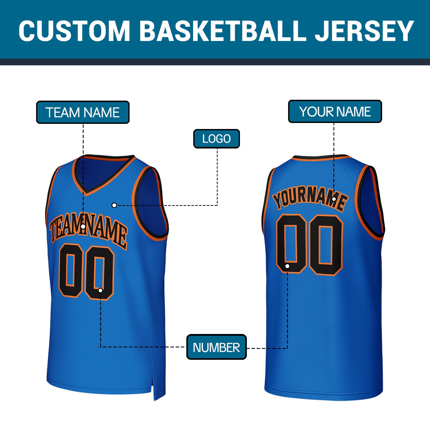 Custom Blue Orange Stitched Basketball Jersey | Personalized Name Number Logo Mesh Sports Jersey
