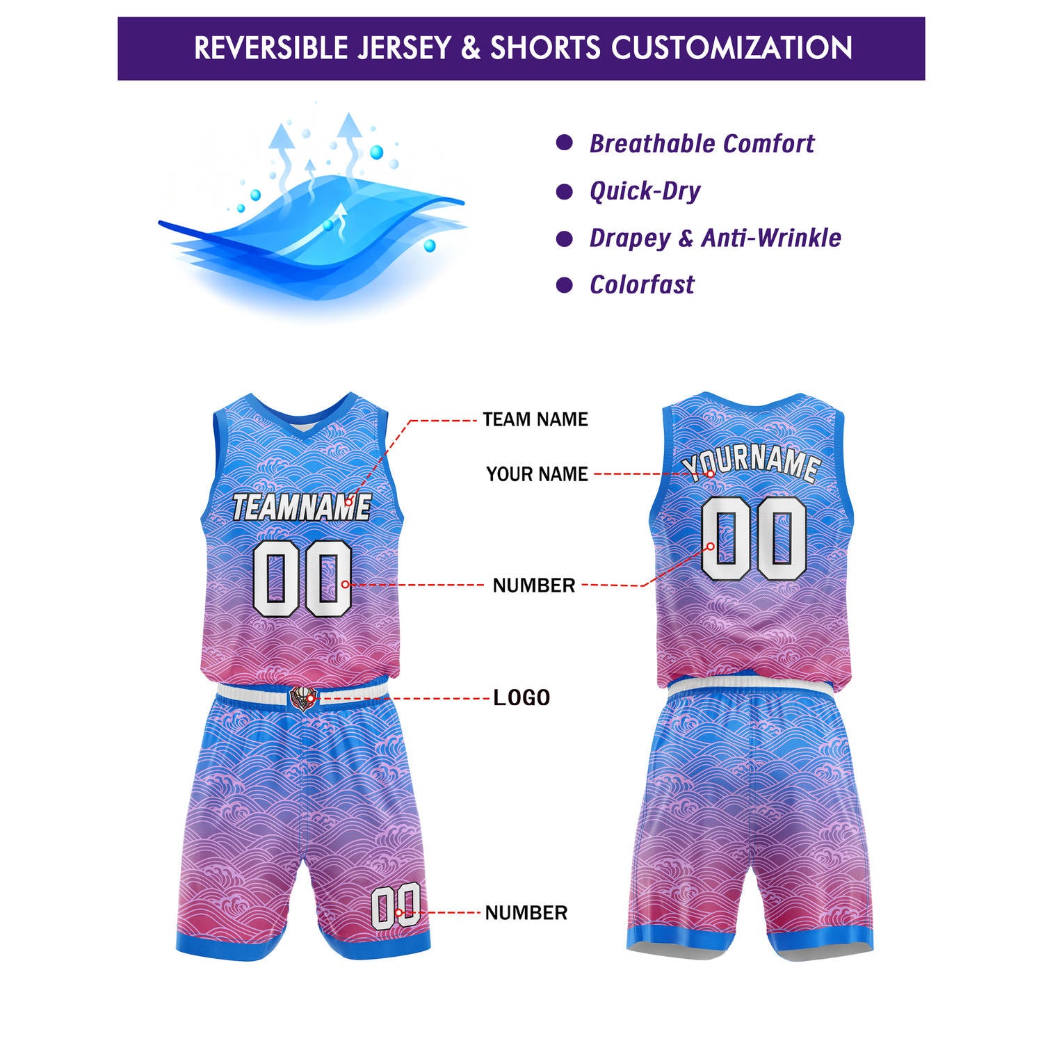 Custom Blue Pink Gradient Wave Basketball Uniform | Personalized Team Kit - Vosoli