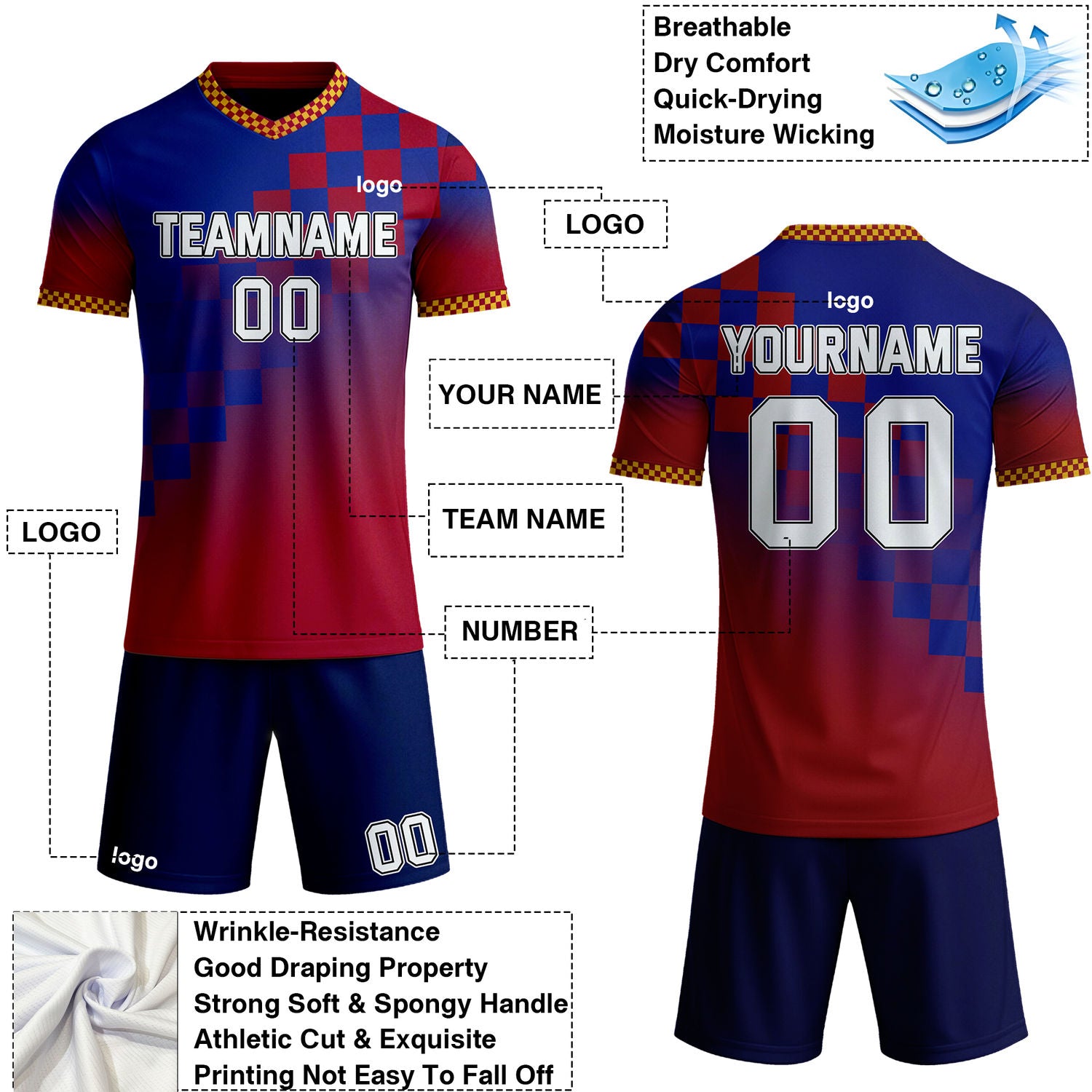 Custom Blue & Red Checkerboard Gradient Soccer Jersey Set | Personalized Team Uniform | Vosoli