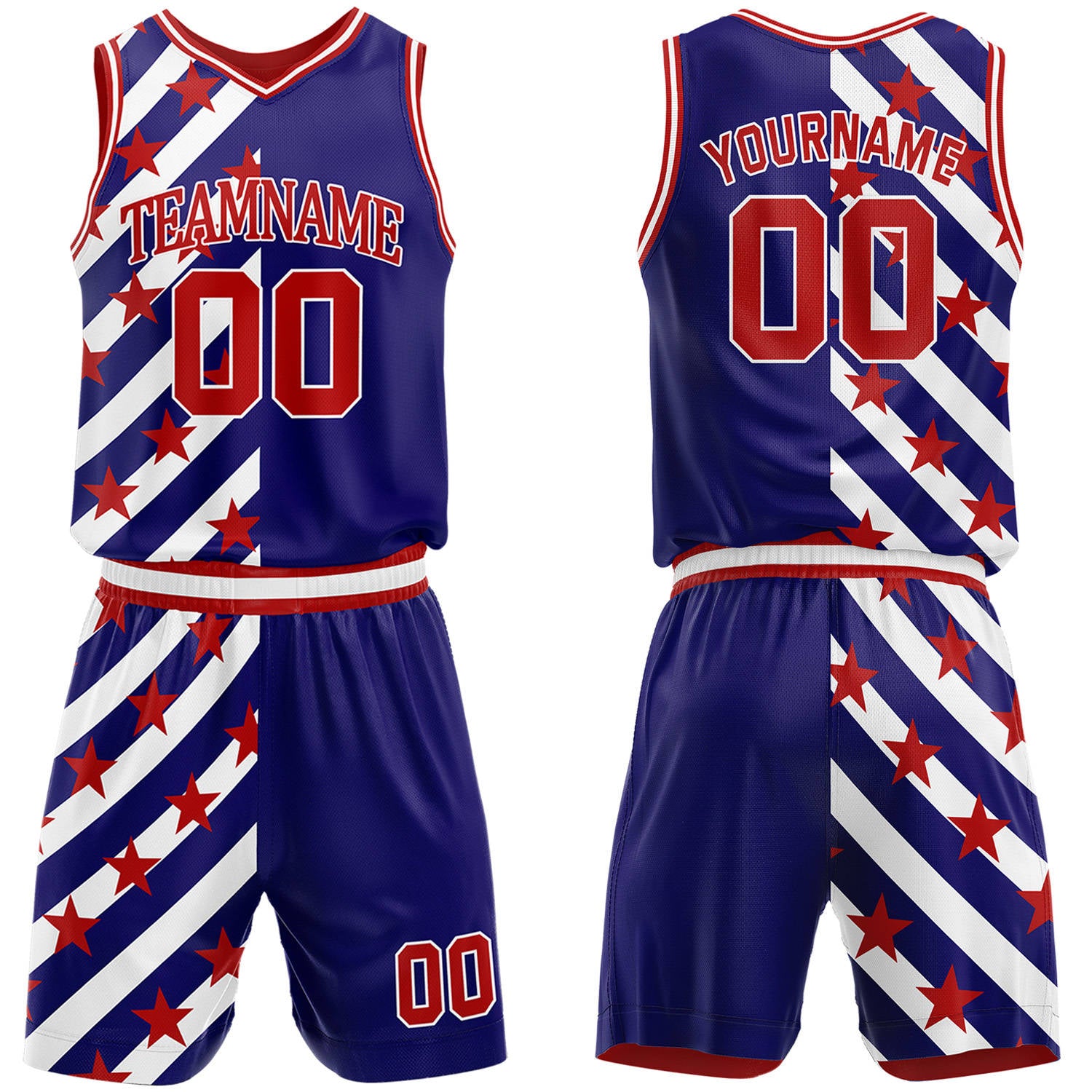 Custom blue & red diagonal star basketball jersey & shorts set by Vosoli | Personalized team name & number sportswear