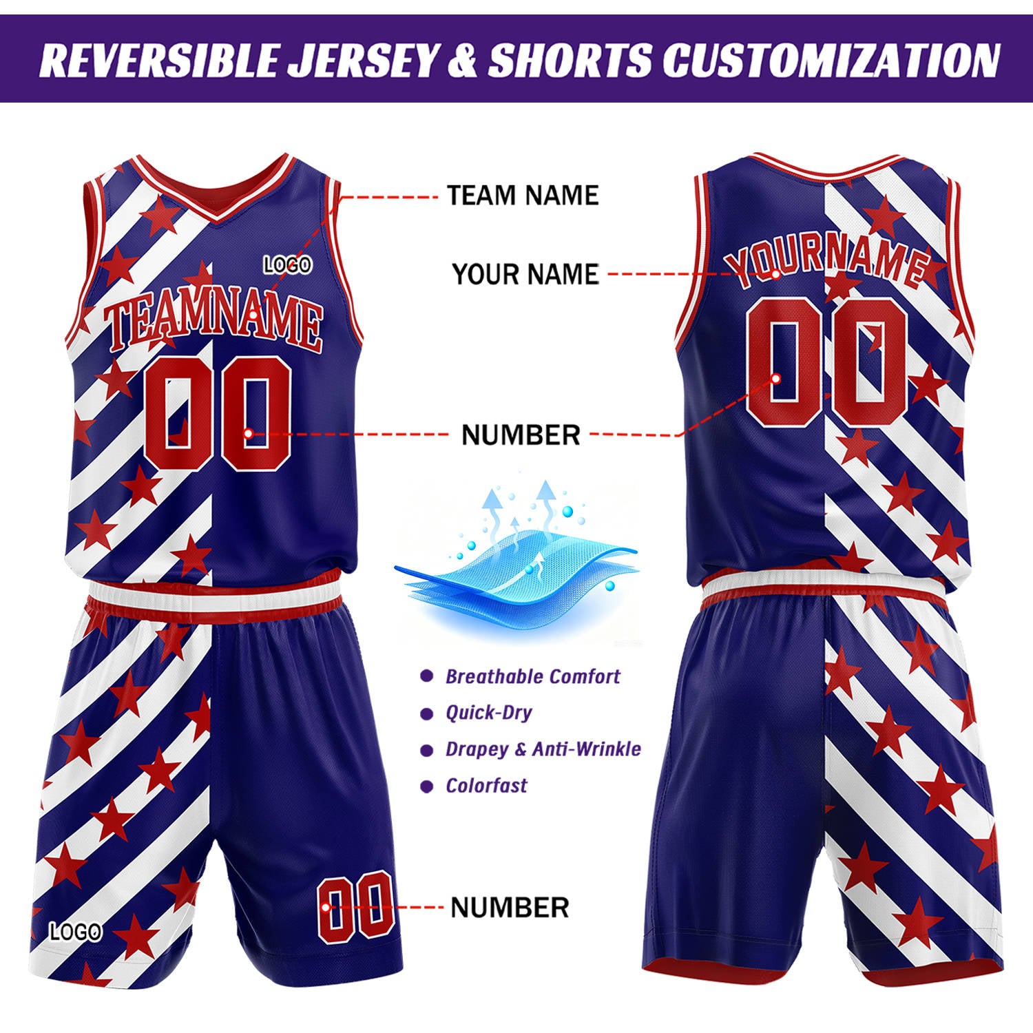 Custom Blue & Red Diagonal Star Basketball Jersey & Shorts Set | Personalized Team Uniform