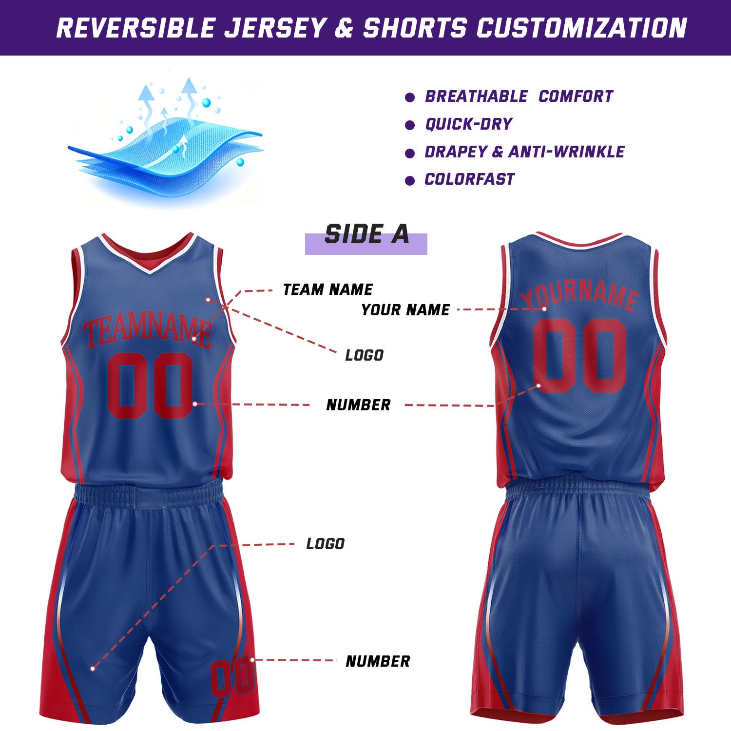 Custom Blue & Red Reversible Geometric Basketball Jersey Shorts Set | Personalized Team Uniform