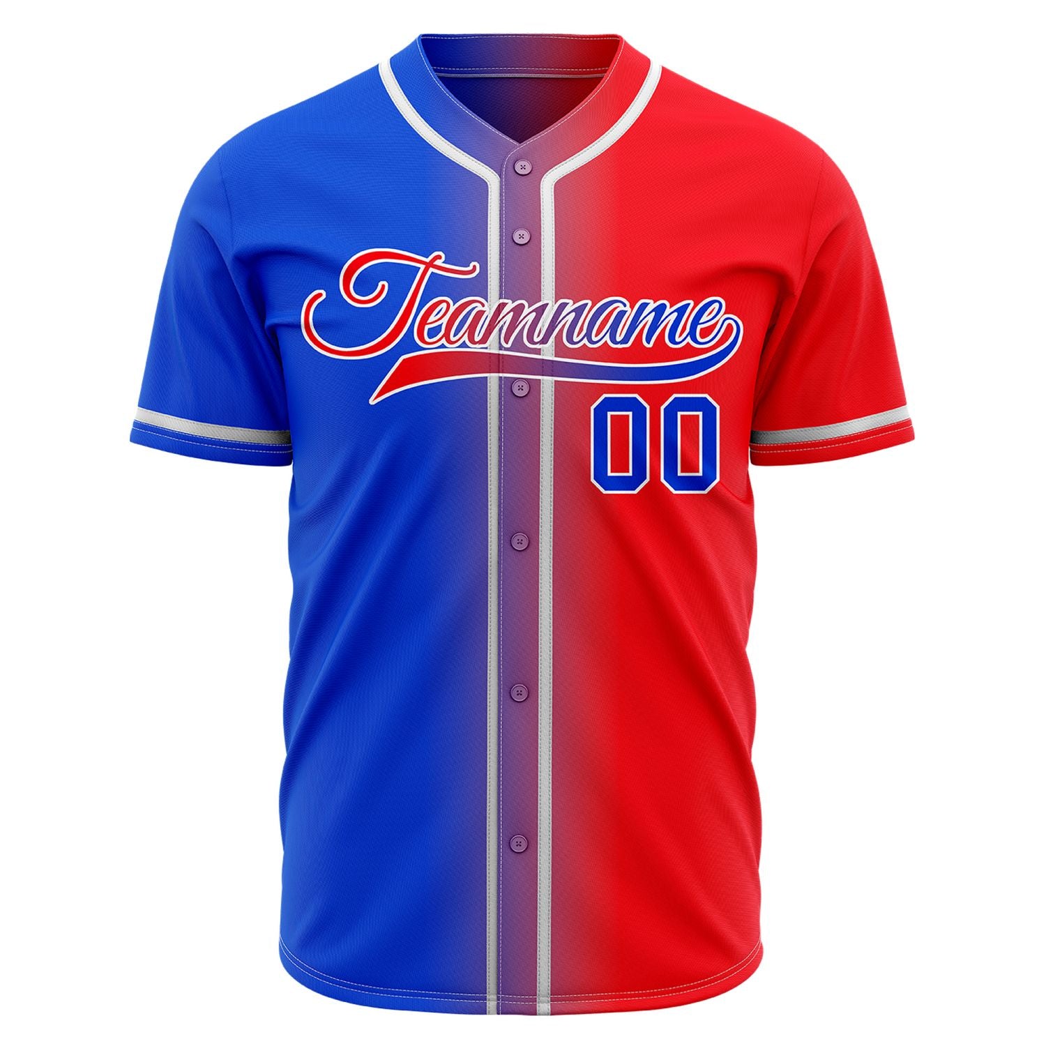 Custom Blue and Red Gradient Split Baseball Jersey | Personalized Fade Design Team Uniform