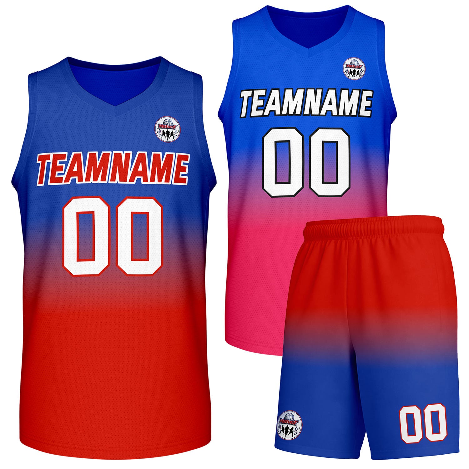 Custom blue-to-red gradient basketball uniform set, personalized team name number logo breathable mesh sports jersey and shorts for men women youth game practice - Vosoli