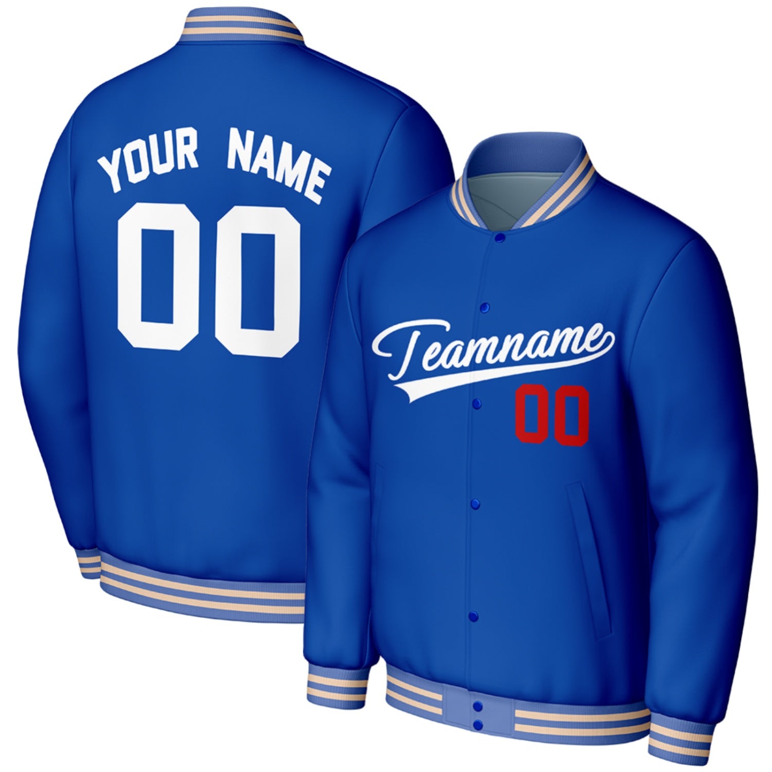 custom blue red senior baseball jackets high school by Vosoli, personalized stitched name, number & logo, classic button up varsity letterman jacket for high school senior baseball team and casual wear