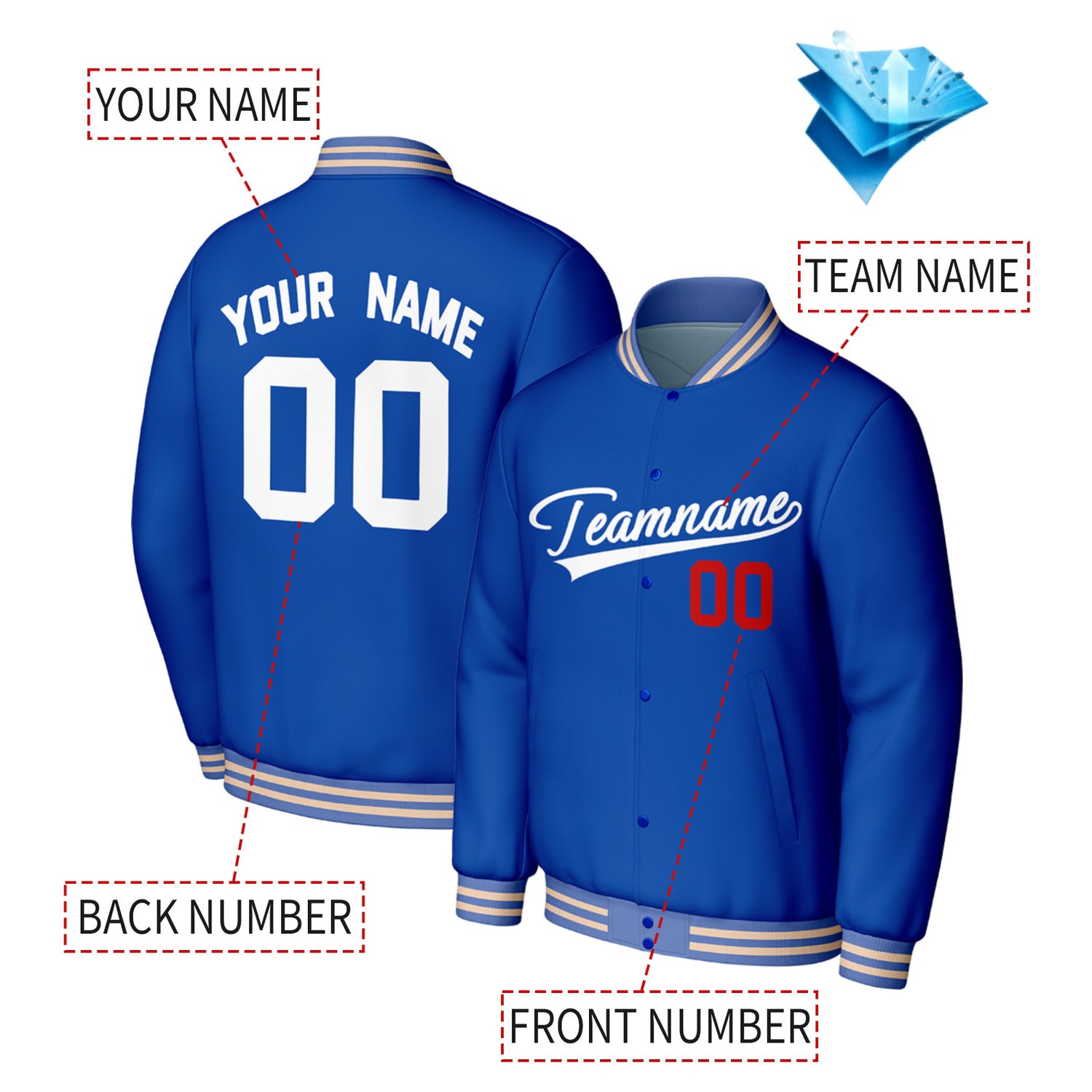 Custom Blue Red Varsity Baseball Jacket | Personalized Jacket with Stitched Name & Number for Adult & Youth